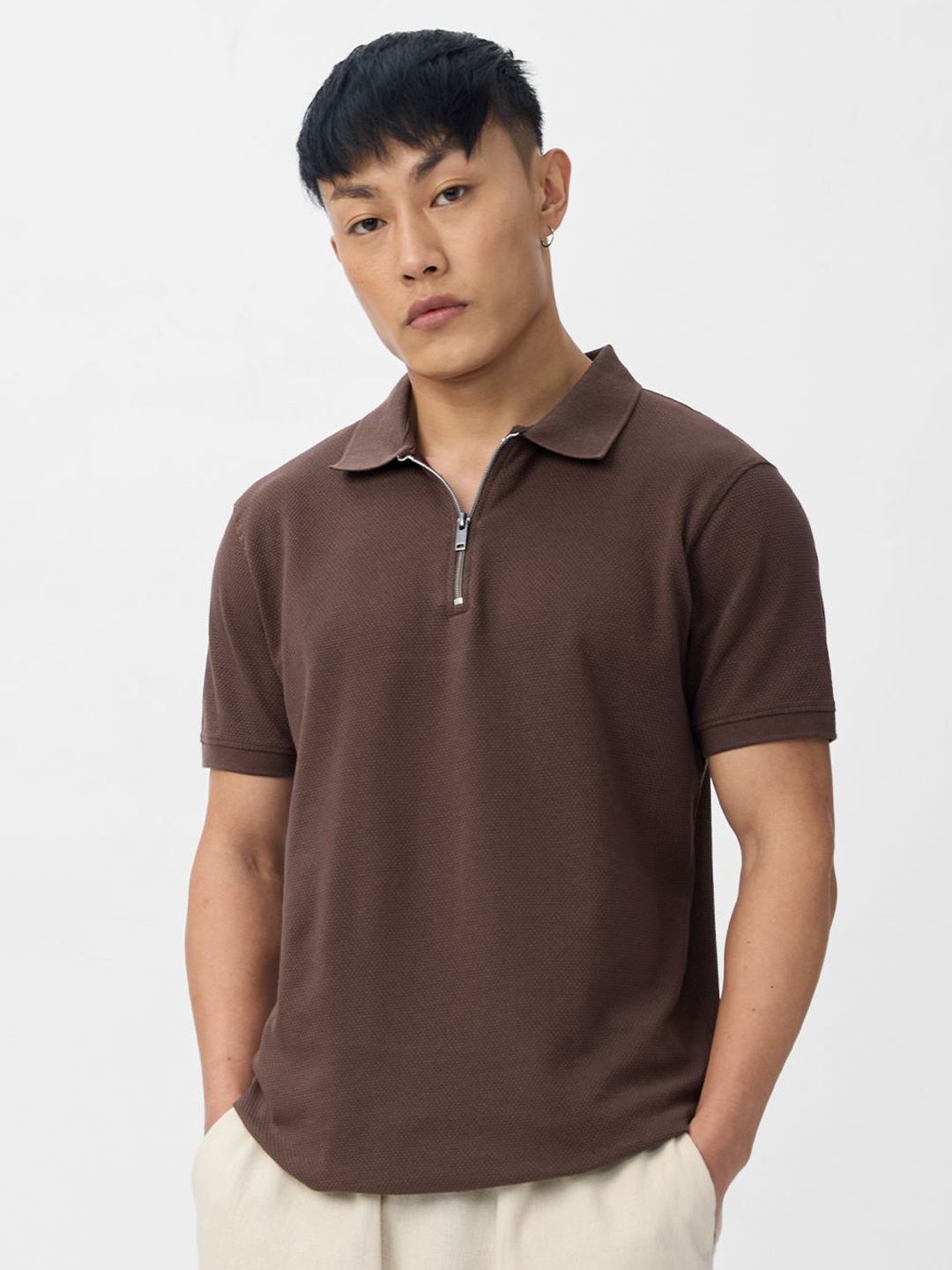 

The Souled Store Men Solid Polo Collar Cotton T-shirt, Brown