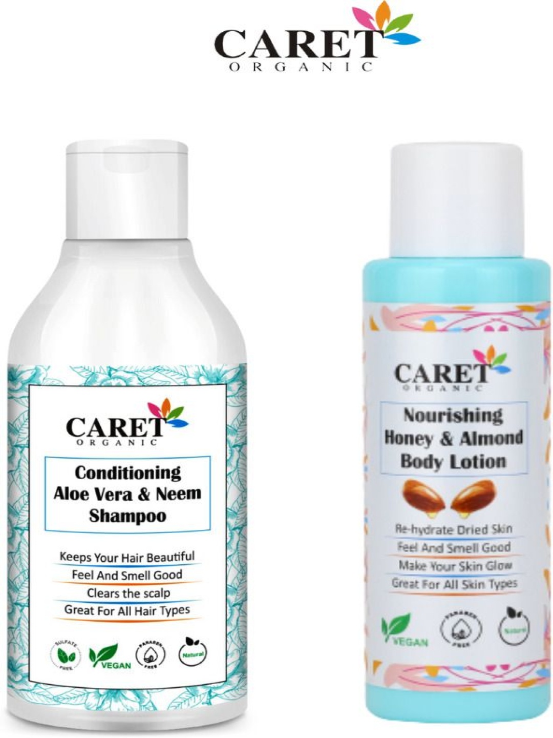 

CARET ORGANIC Set Of 2 Neem Shampoo - 300 ml & Honey Almond Body Lotion - 100 ml, White