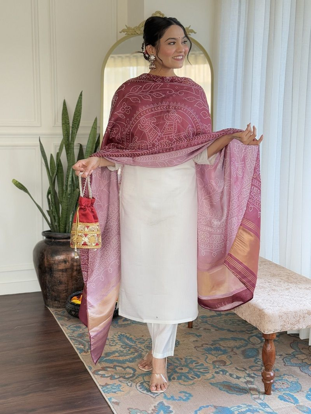 

KAUTIK FABRICS Floral Yoke Design Chanderi Silk Kurta With Trousers And Dupatta, White