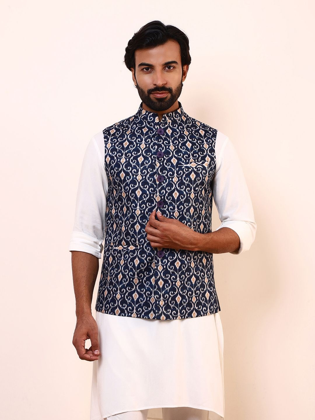 

Satwaa Ethnic Motifs Printed Nehru Jacket, Blue