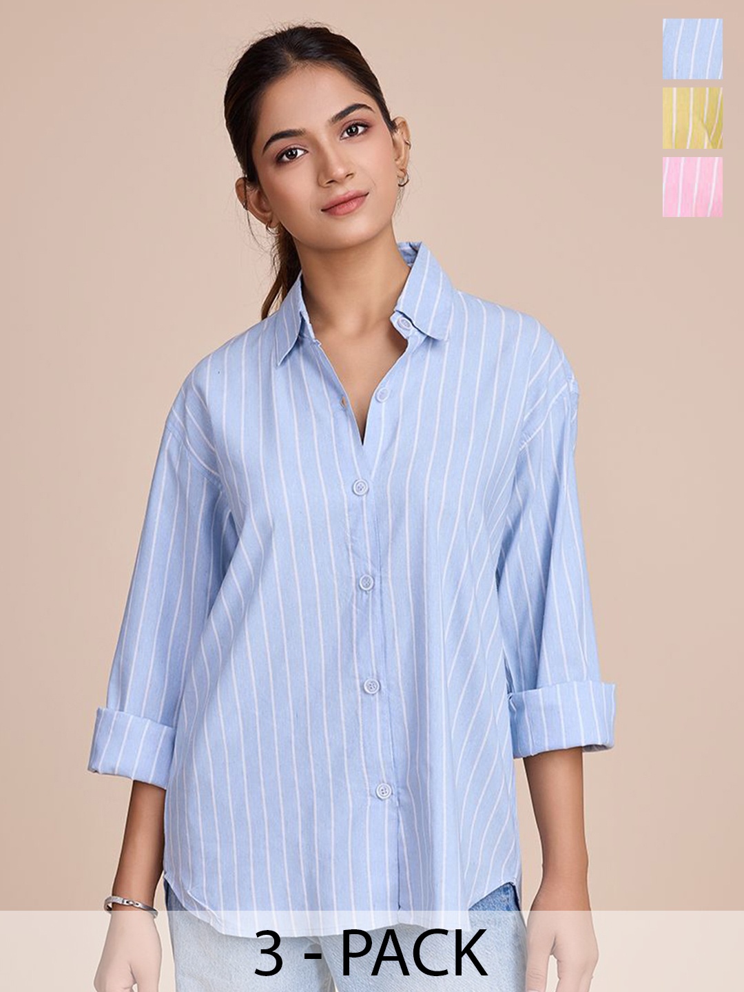 

HOUSE OF MIRA Women Pack Of 3 Classic Oversized Fit Vertical Striped Cotton Casual Shirts, Blue