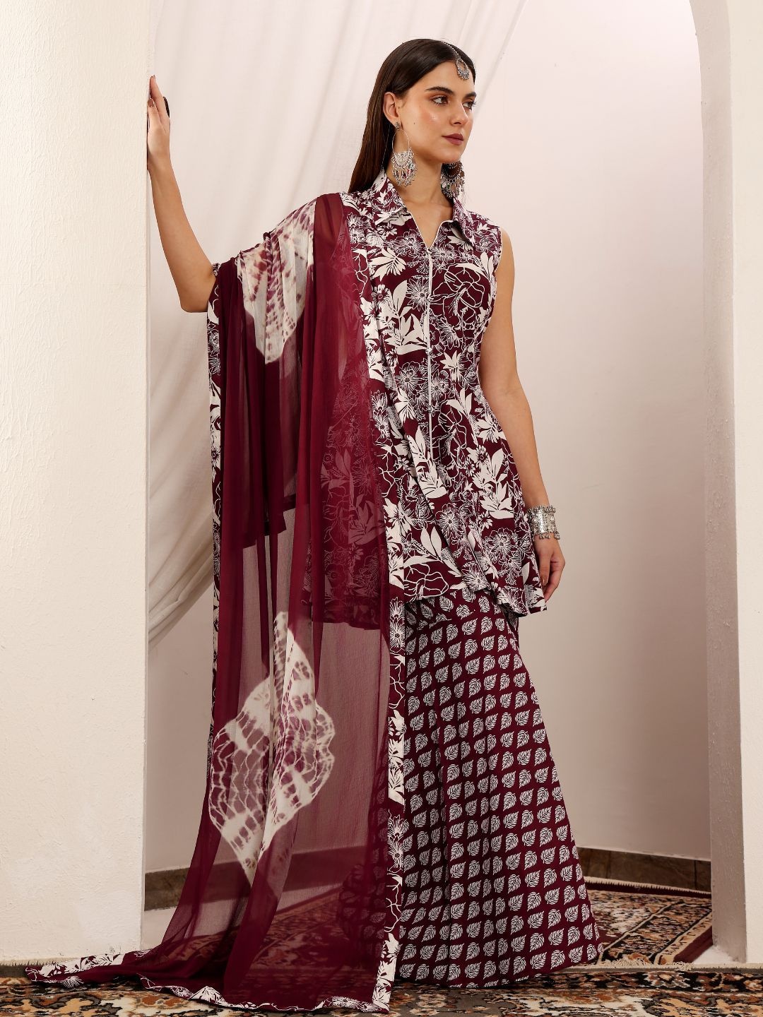 

Lative Colours of Fashion Floral Printed Shirt Collar Kurti With Sharara & Dupatta, Purple