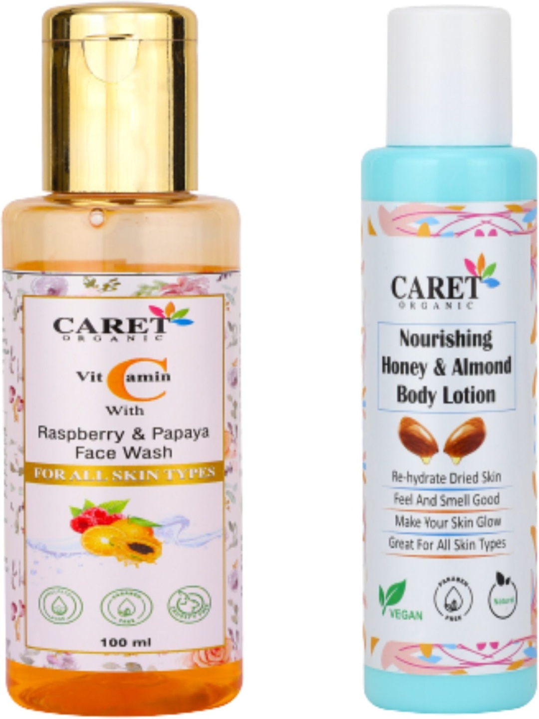 

CARET ORGANIC Set Of 2 Vitamin C & Mix Fruits Facewash & Honey & Almond Lotion-100 ml Each, White