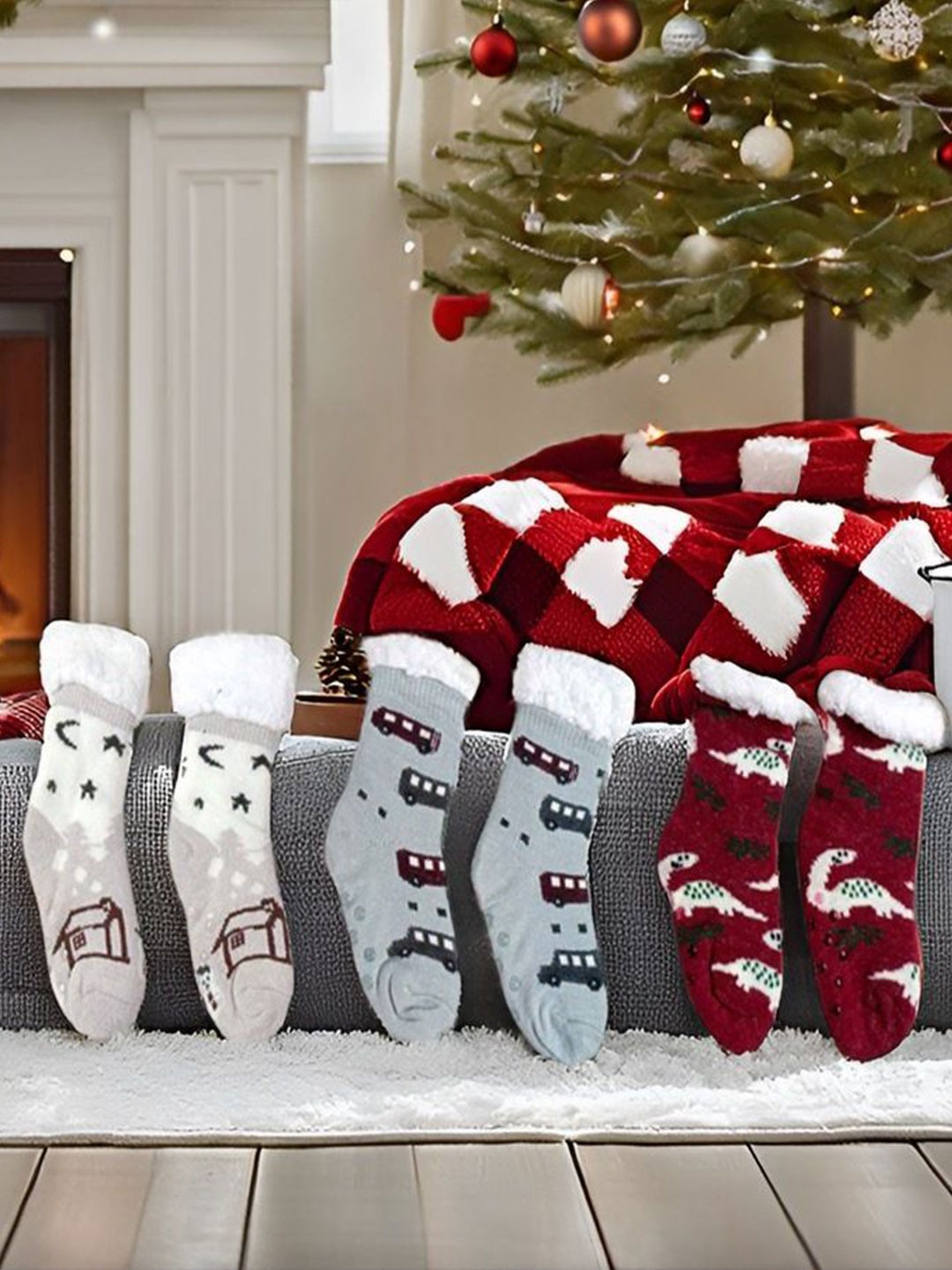 

Butterthief Kids Pack Of 3 Patterned Calf Length Sherpa Socks, Cream
