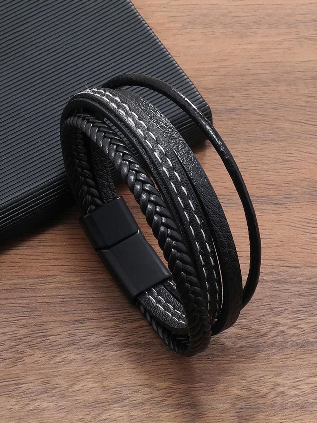 

Designs & You Men Leather Multi Layered Wraparound Bracelet, Black