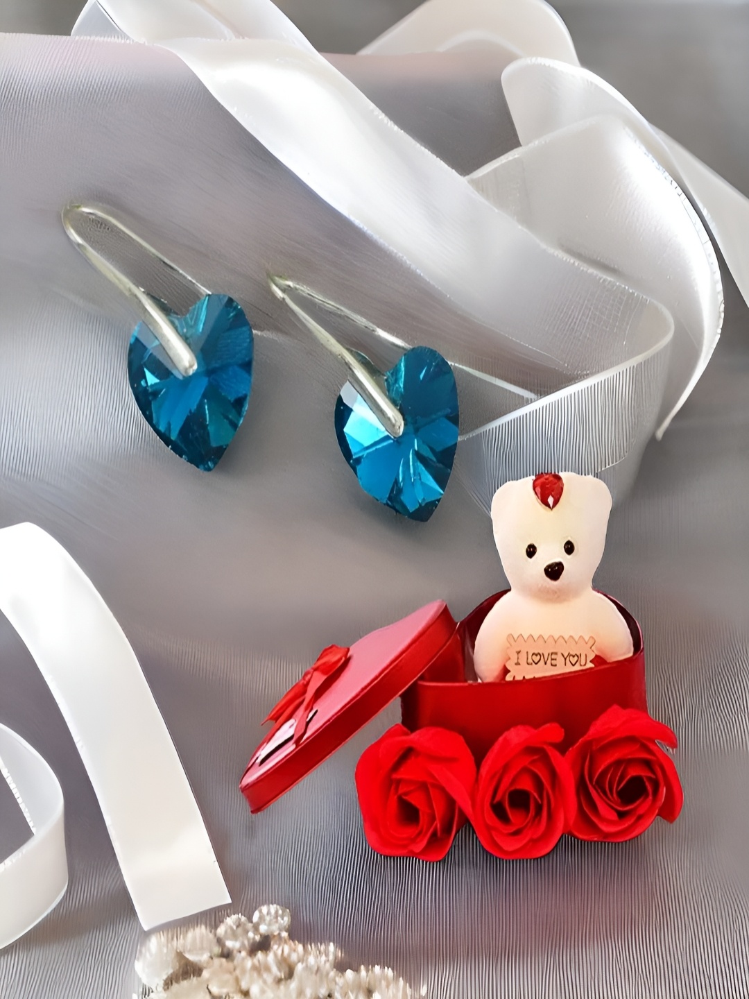 

UNIVERSITY TRENDZ Silver-Plated Heart Stud Drop Earrings With Red Teddy Bear Gift Set