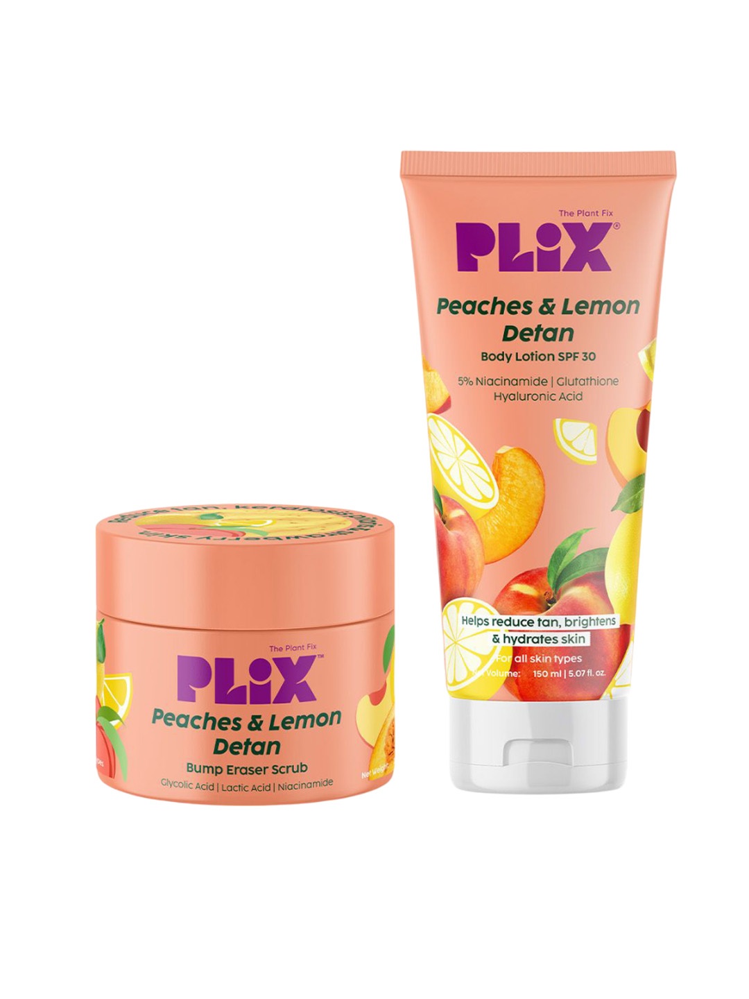 

PLIX THE PLANT FIX Set Of 2 Peaches & Lemon Scrub 200 g & Detan Body Lotion SPF 30 150 ml, Pink