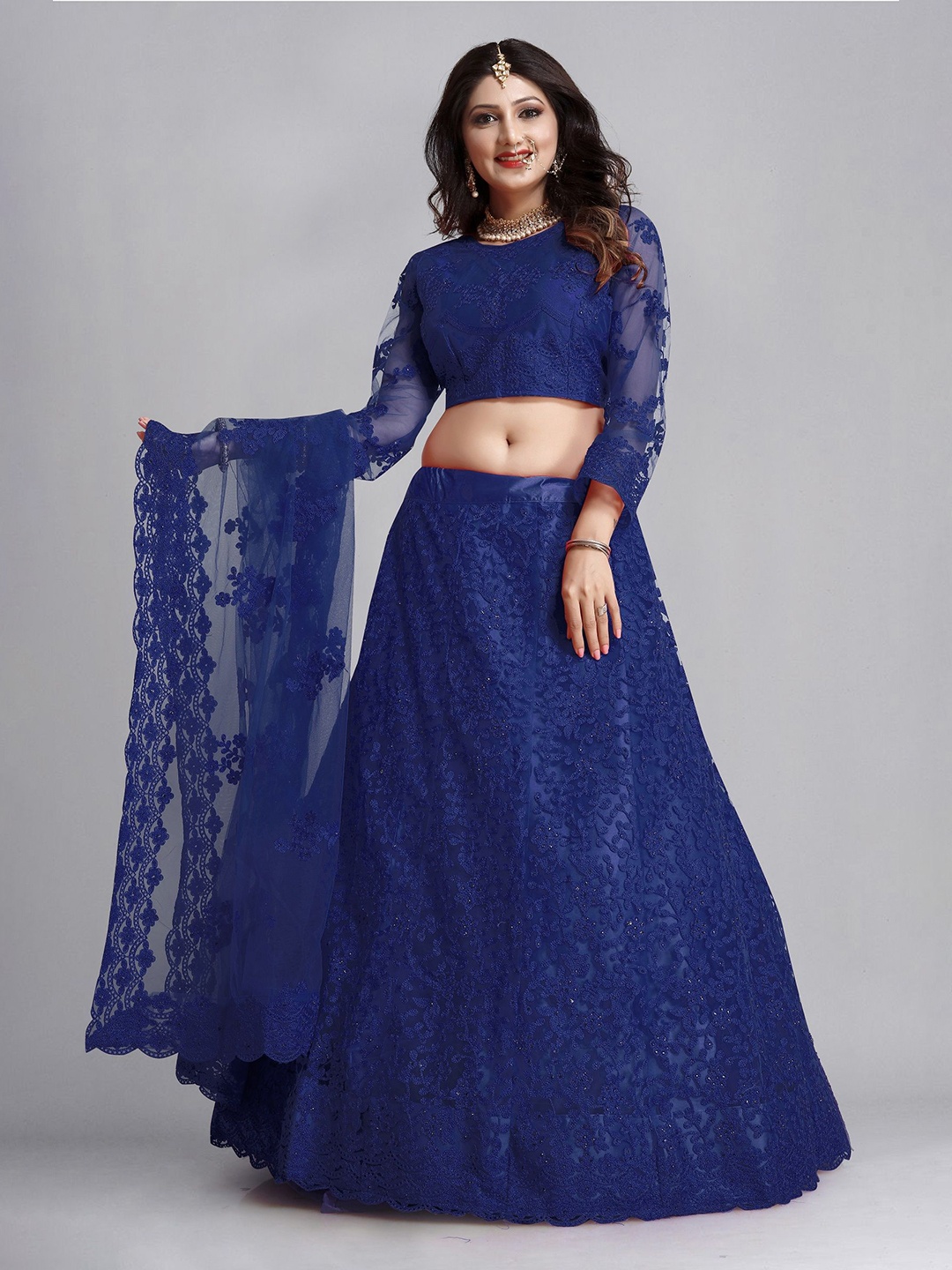 

Warthy Ent Embroidered Thread Work Semi-Stitched Lehenga & Unstitched Blouse With Dupatta, Blue