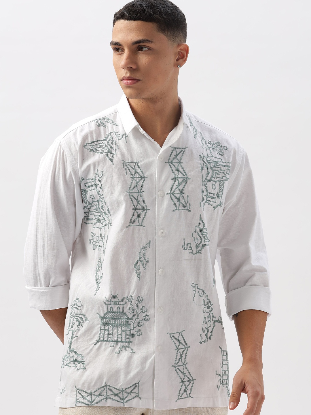 

HAMPTONS Men Standard Fit Embroidered Cotton Casual Shirt, White