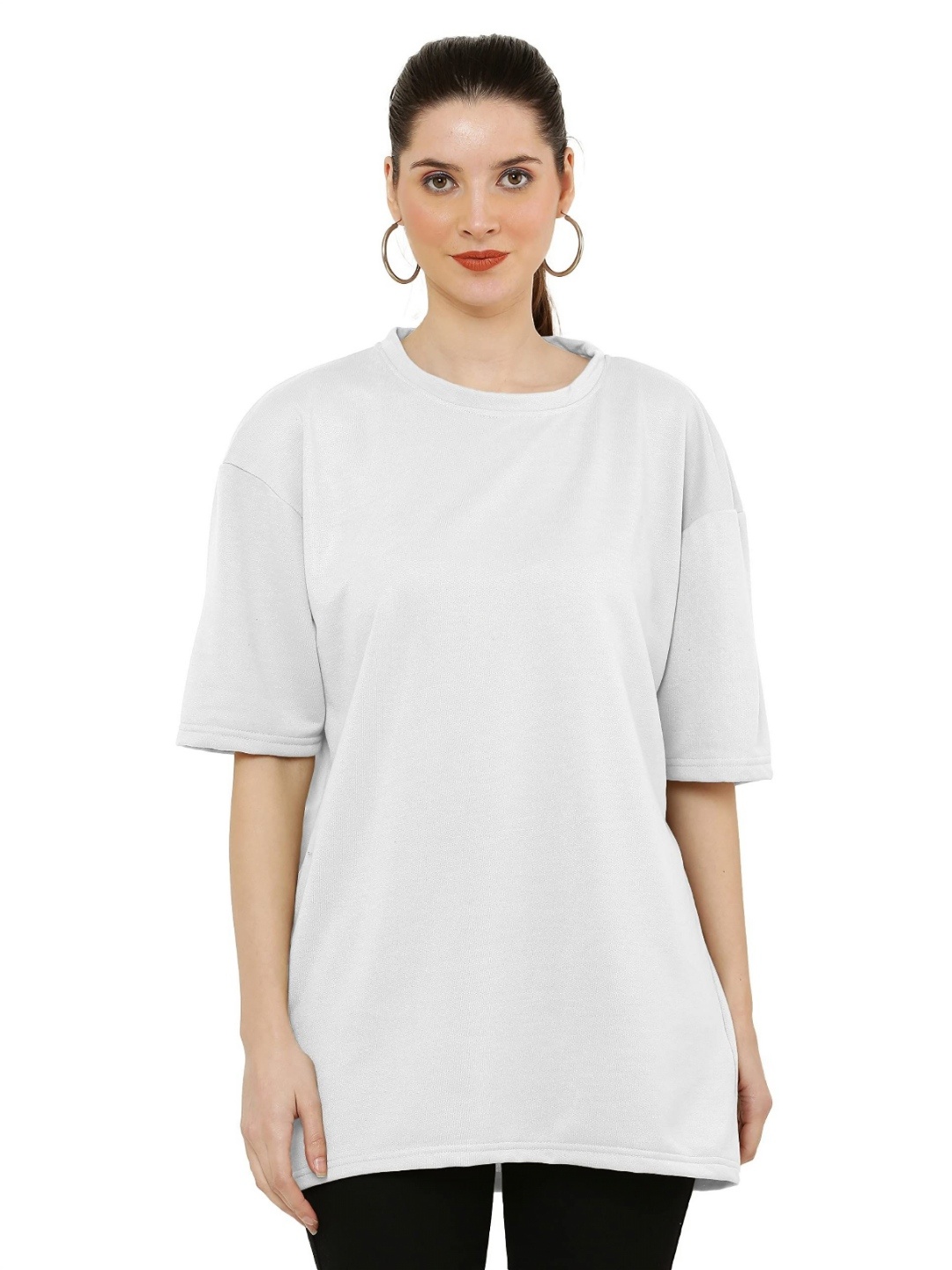 

NOTWILD Women Solid Round Neck Cotton Oversized T-shirt, White