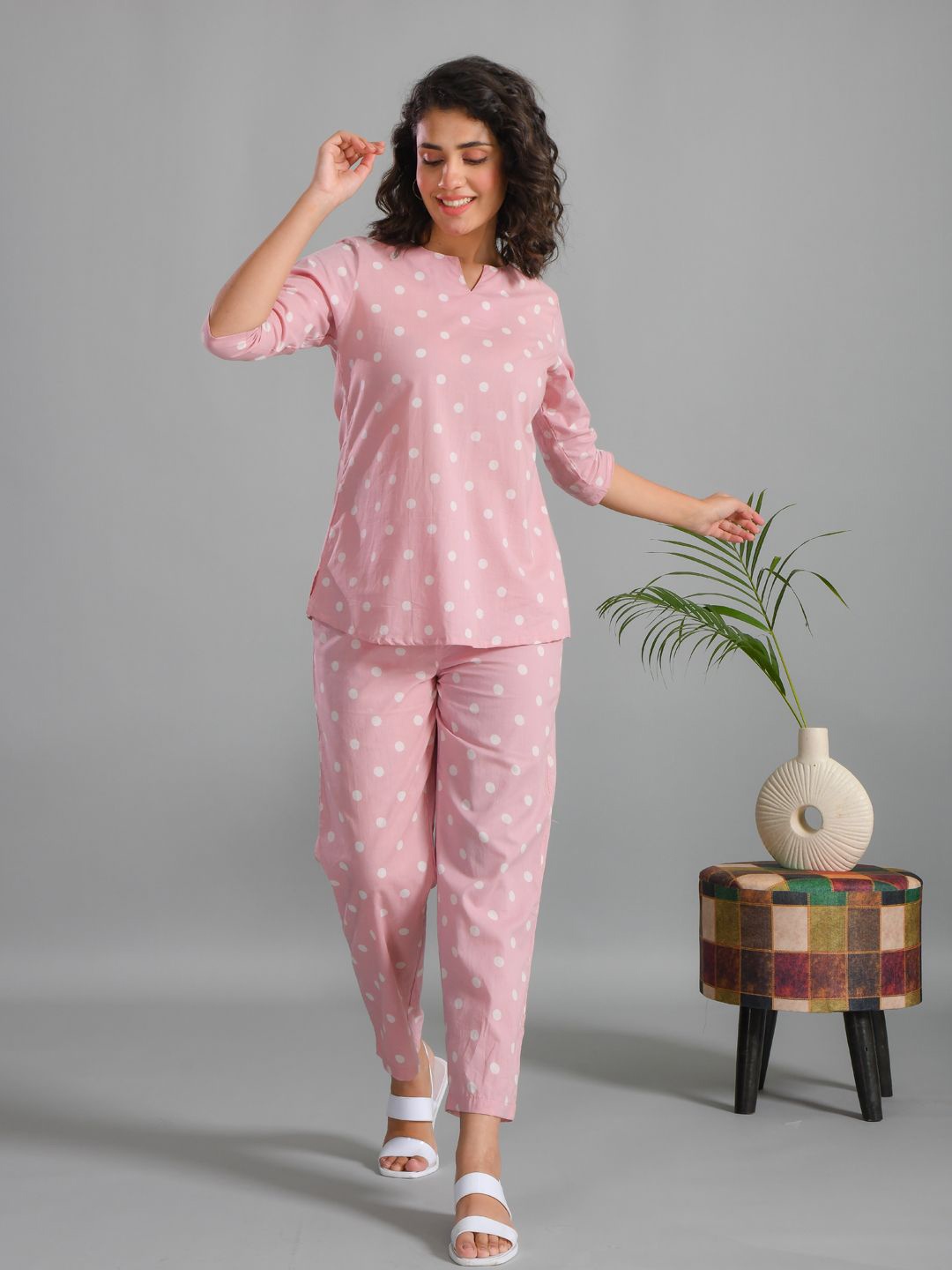 

SANSKRUTIHOMES Polka Dots Printed Pure Cotton Top & Flared Trouser Night Suit, Pink