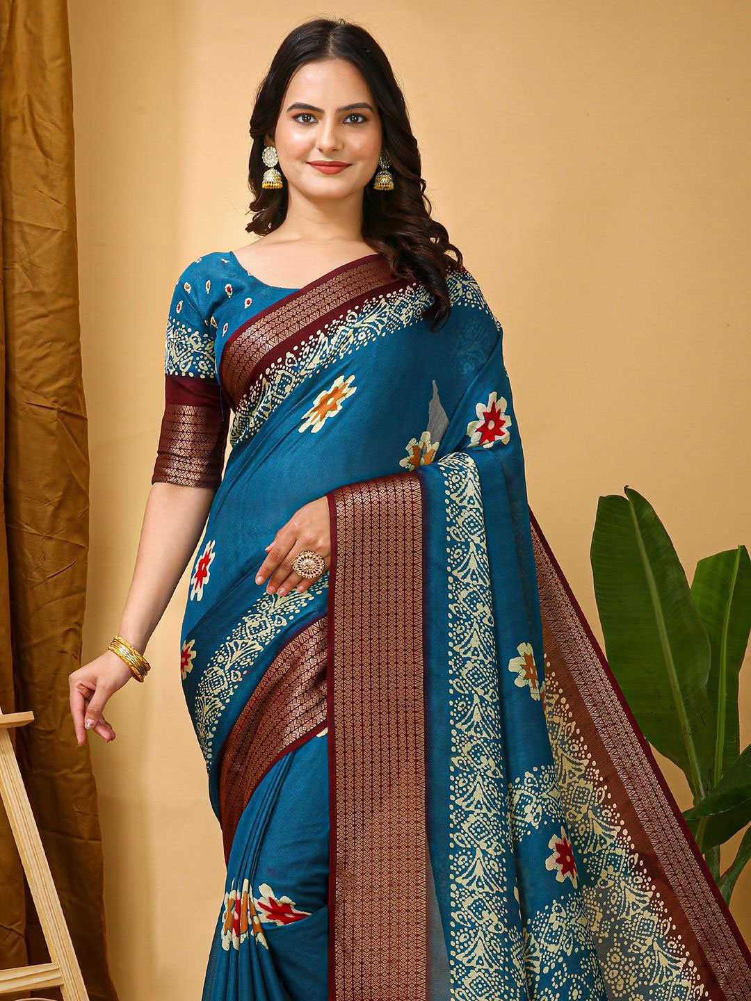 

KALINI Ethnic Motifs Zari Sungudi Saree, Teal