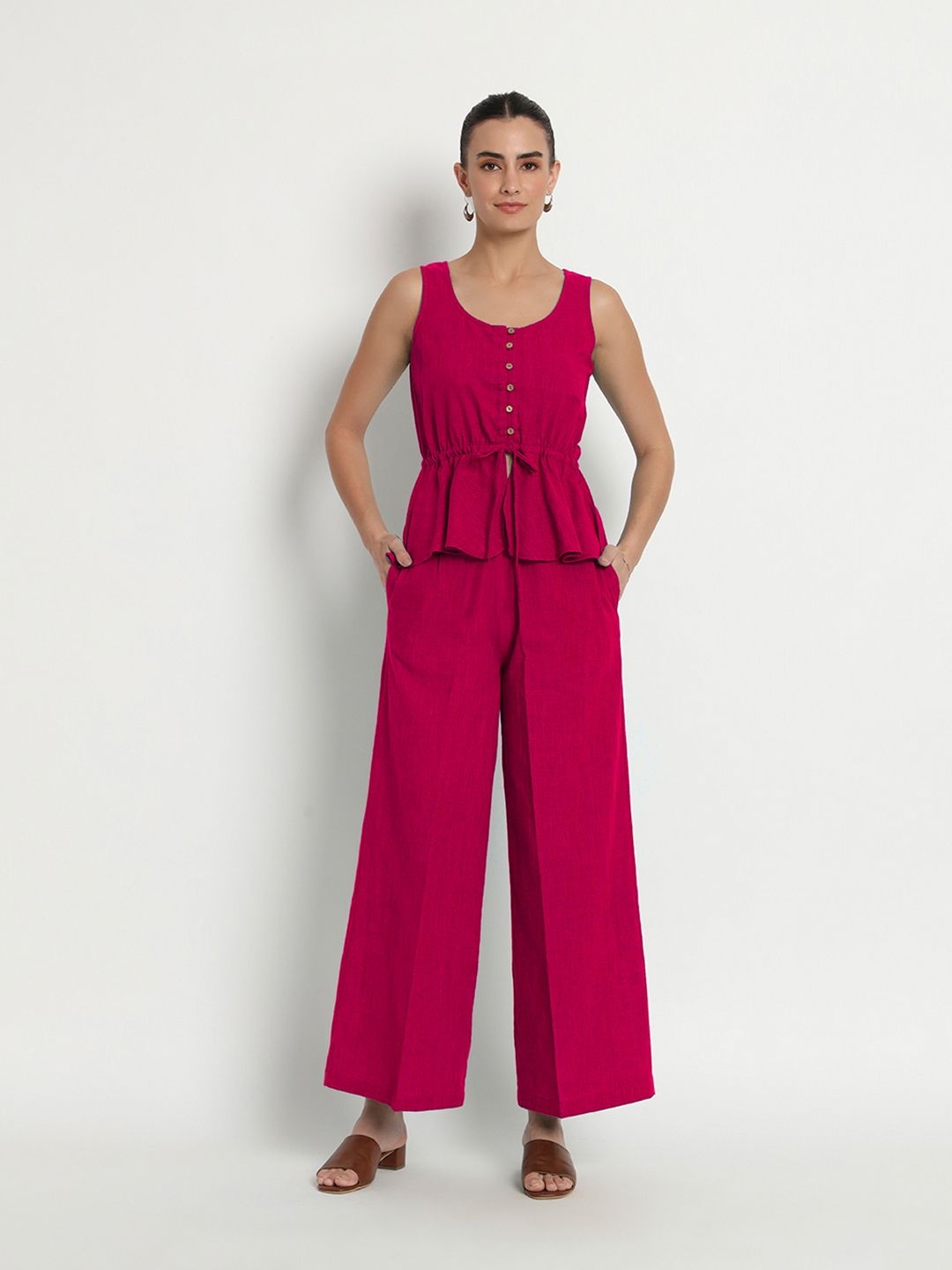 

Thevasa Pure Cotton Peplum Top With Trousers, Pink