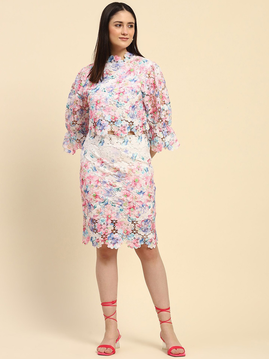 

Global Republic Lace Embroidered Pure Cotton Top & Skirt Co-Ord Set, White