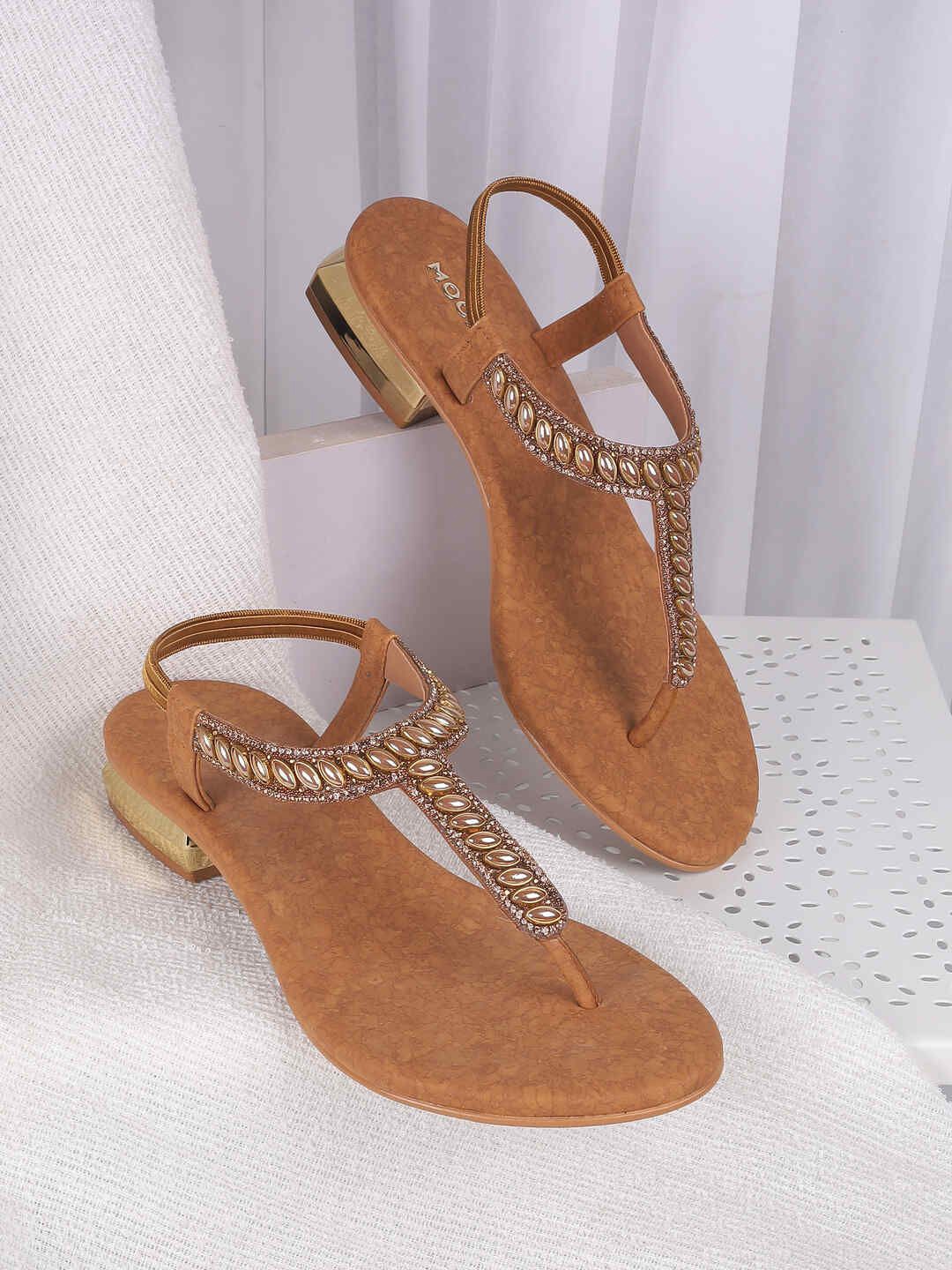 

Mochi Women Open Toe Embellished Comfort Heel Sandals, Brown