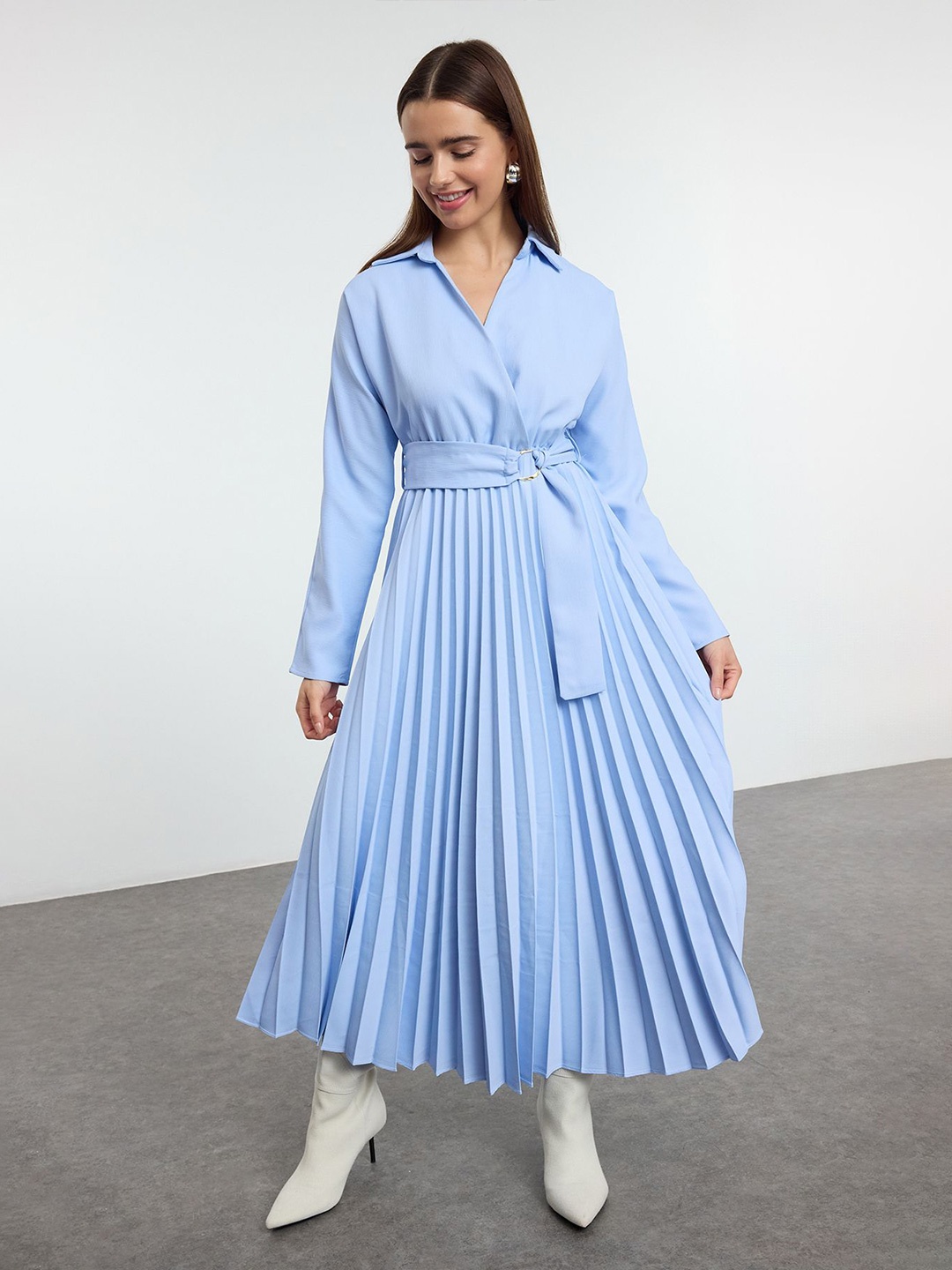 

Trendyol Women Shirt Collar Pleated Fit and Flare Midi Dress, Blue