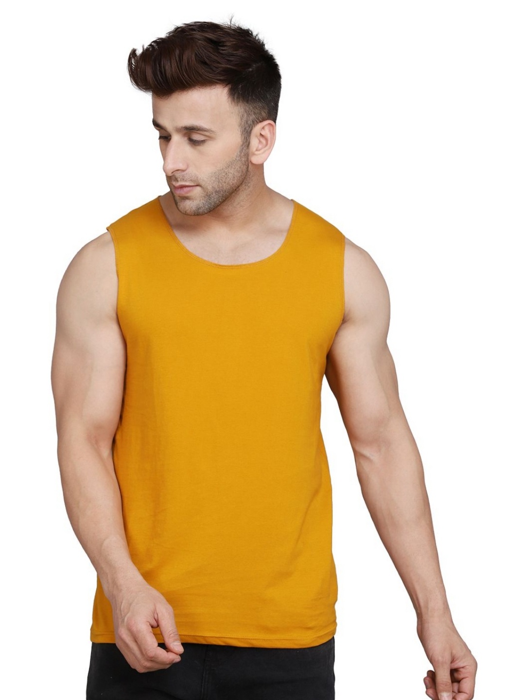 

WOOSTRO Men Pack Of 2 Solid Round Neck Cotton Slim Fit T-shirts, Yellow