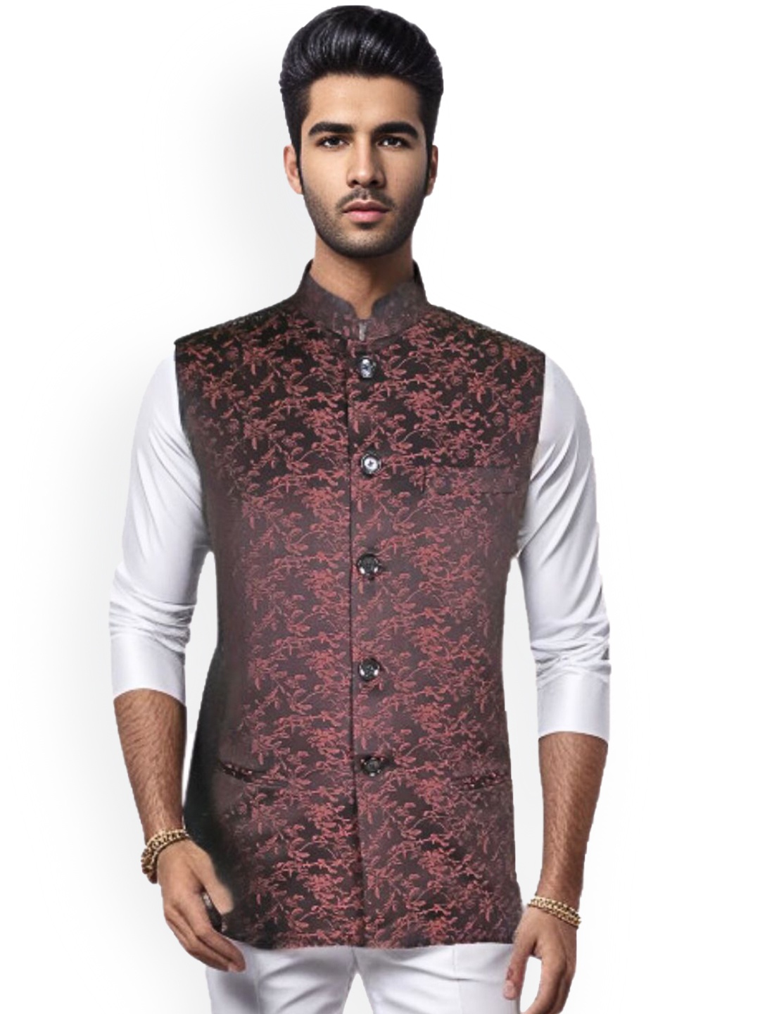 

Blacksmith Woven Design Nehru Jacket, Maroon