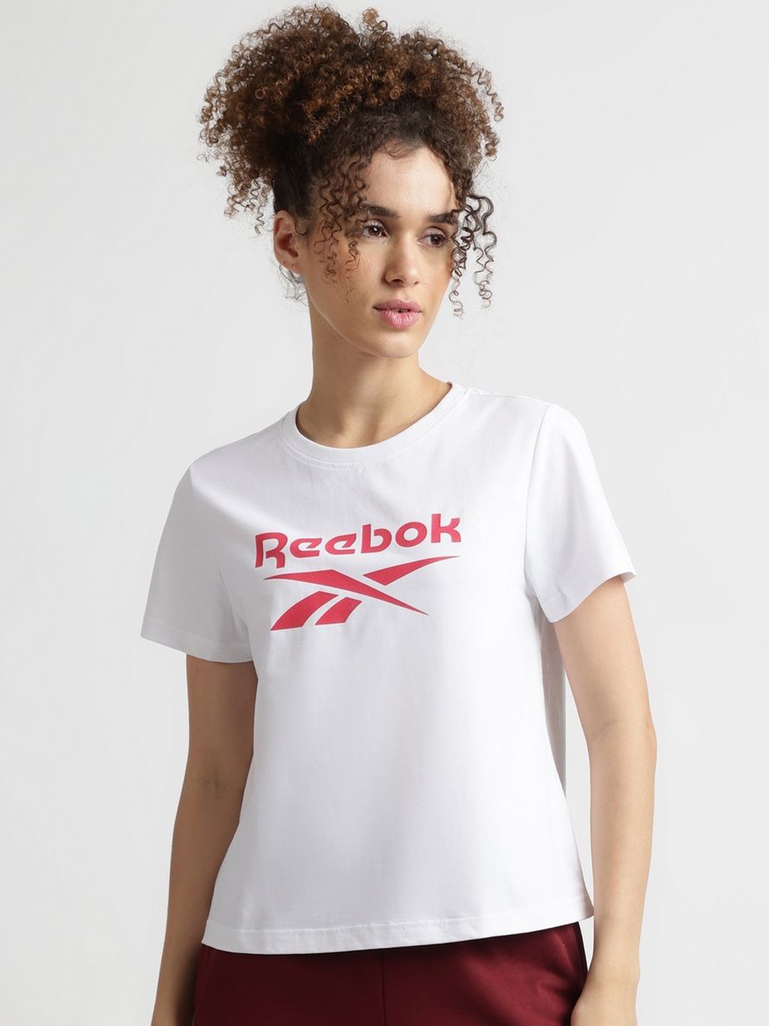

Reebok Women Graphic Printed Short Sleeves Cotton Boxy Fit Casual T-shirt, White
