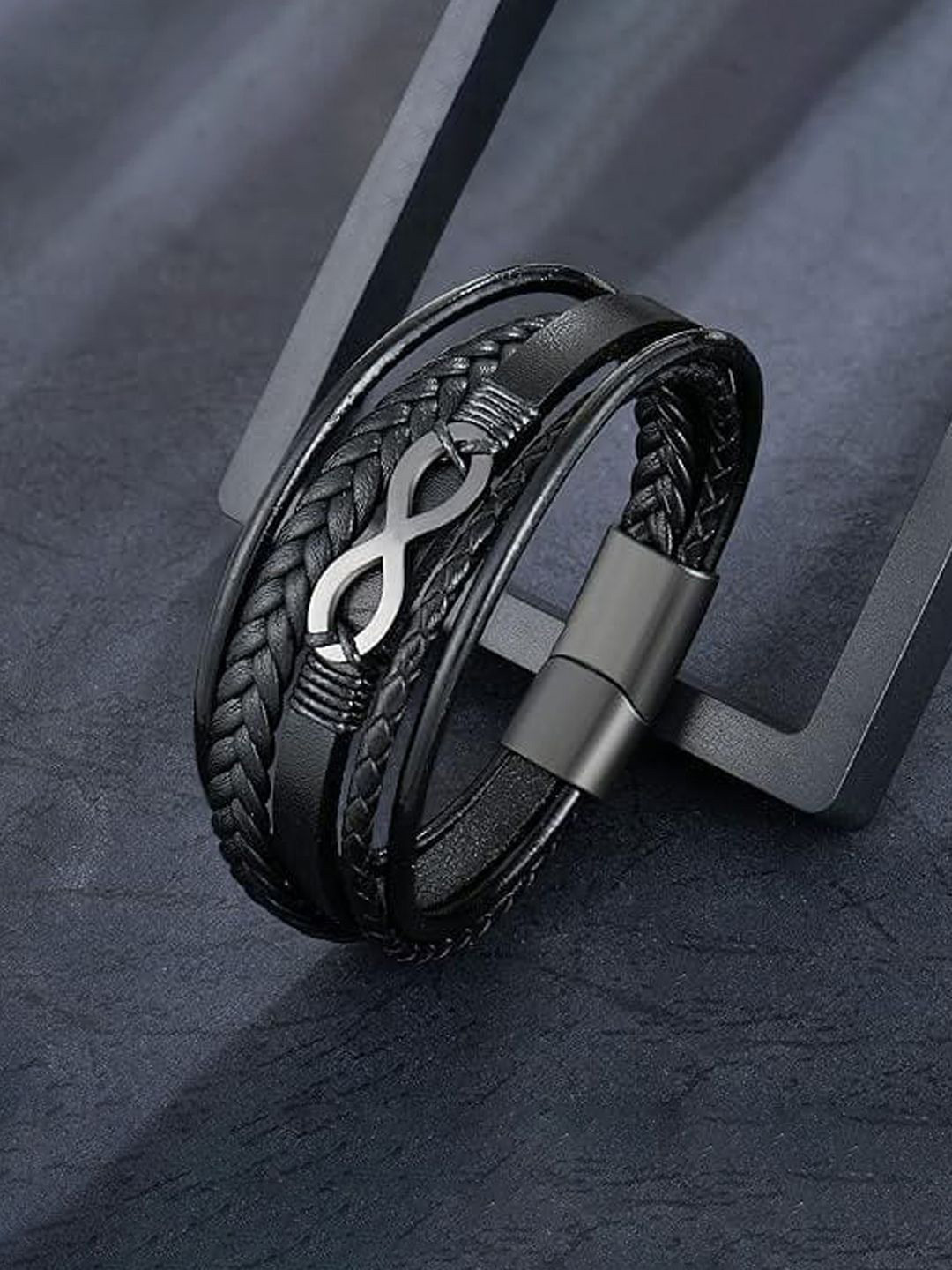 

Designs & You Men Leather Silver-Plated Multi Layered Wraparound Bracelet, Black