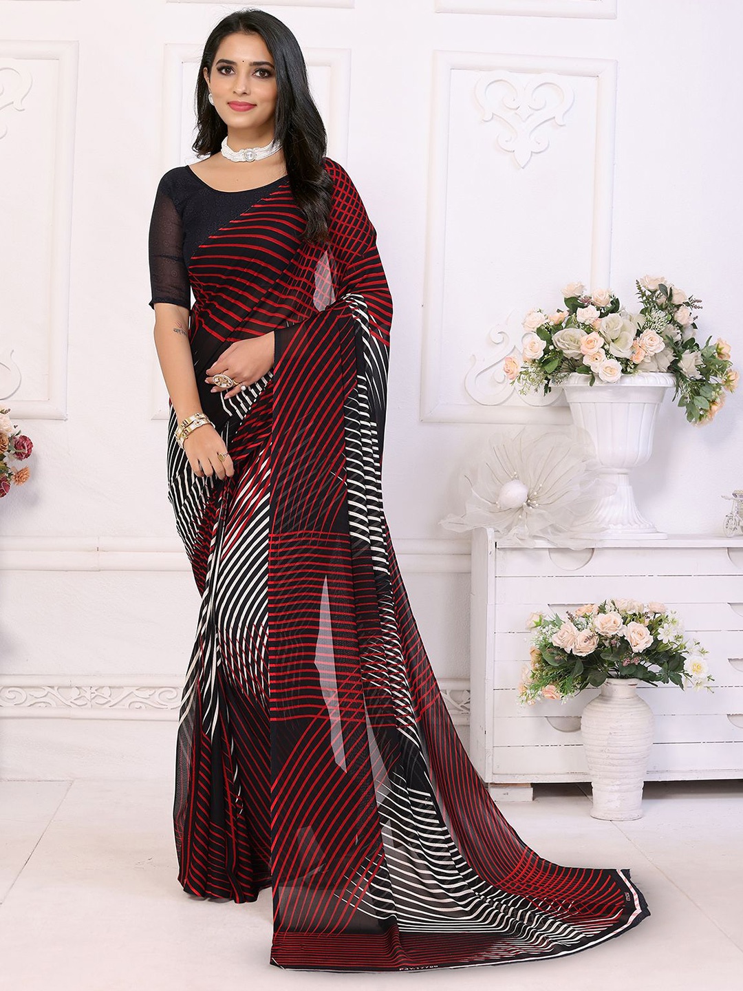 

Moda Rapido Striped Saree With Blouse Piece, Black