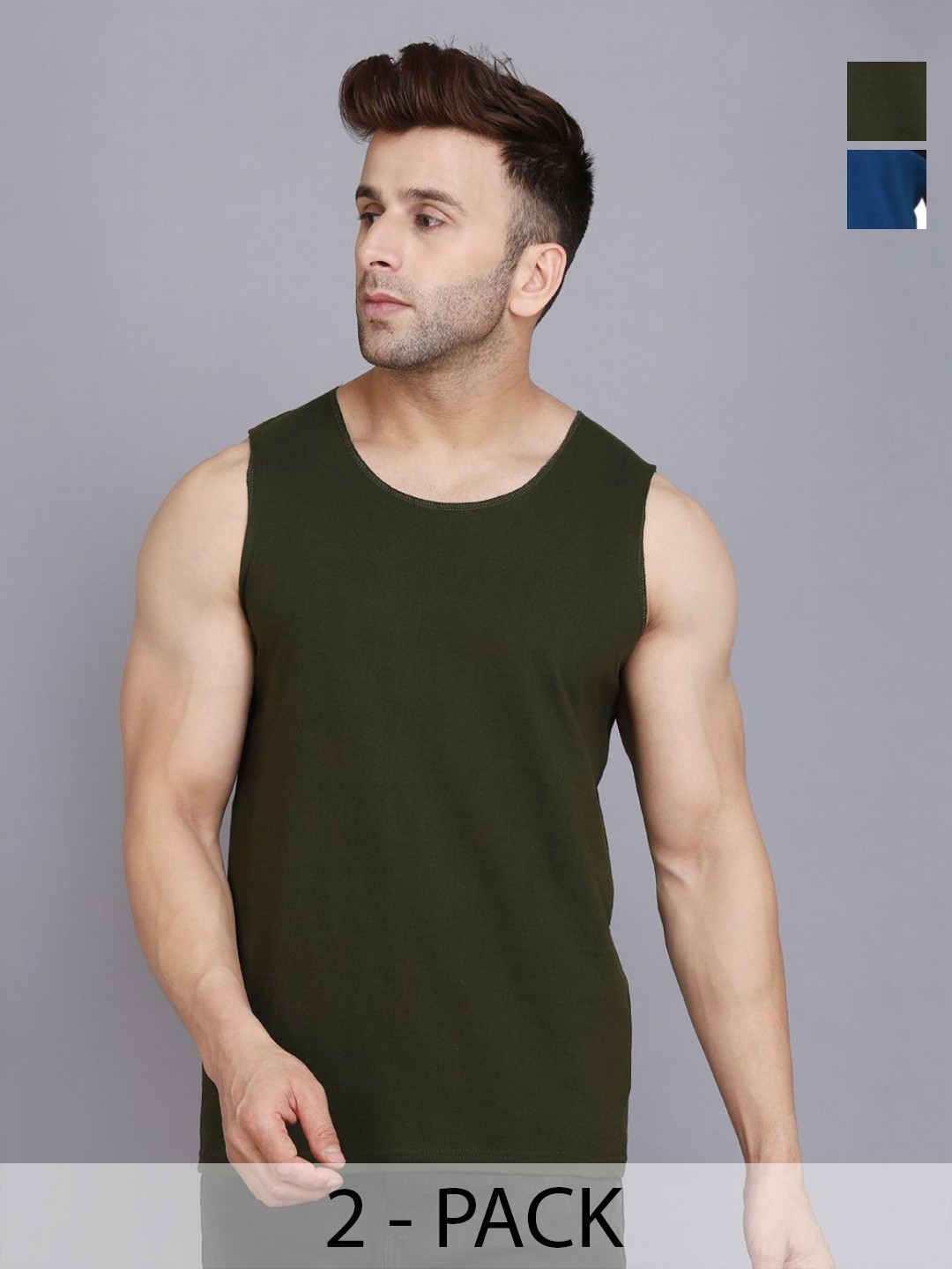 

WOOSTRO Men Pack Of 2 Solid Round Neck Cotton Slim Fit T-shirts, Olive