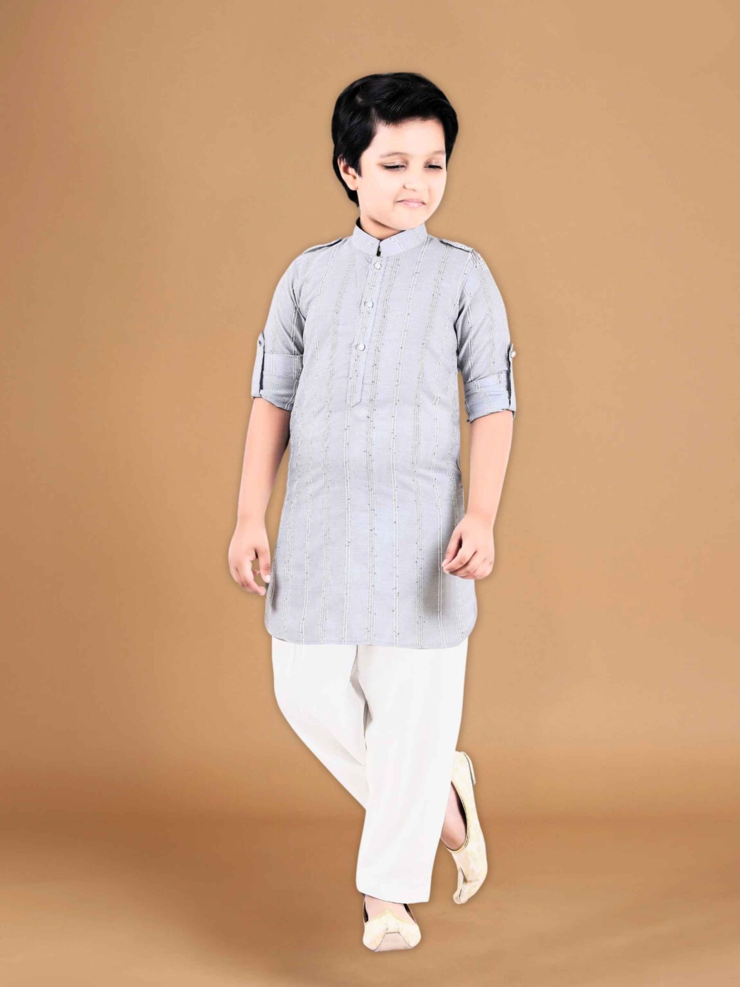 

Lagorii Boys Striped Embroidered Regular Sequinned Pathani Kurta with Pyjamas, Grey