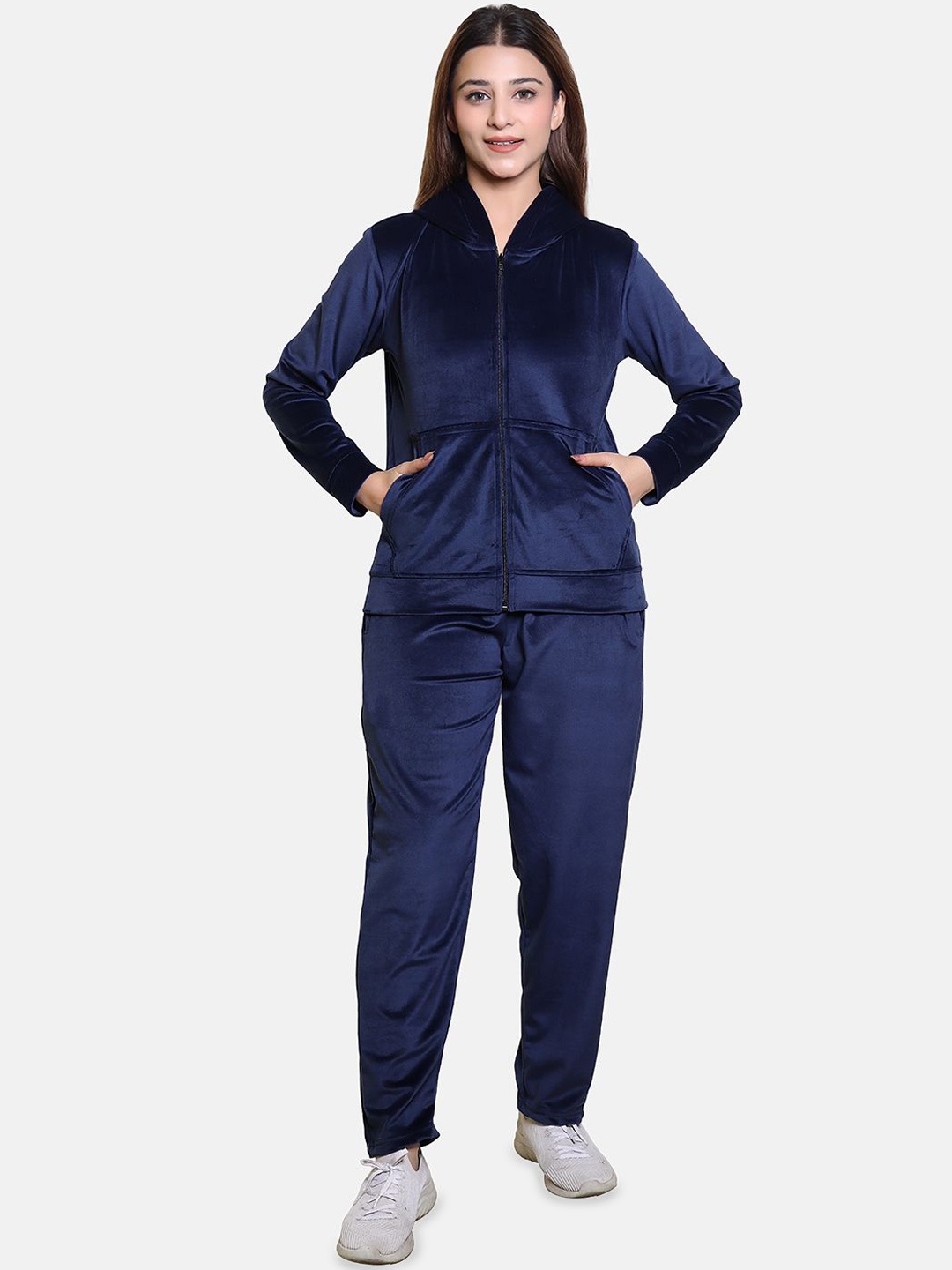 

BAESD Women Velvet Hooded Tracksuit With Kangaroo Pockets, Navy blue