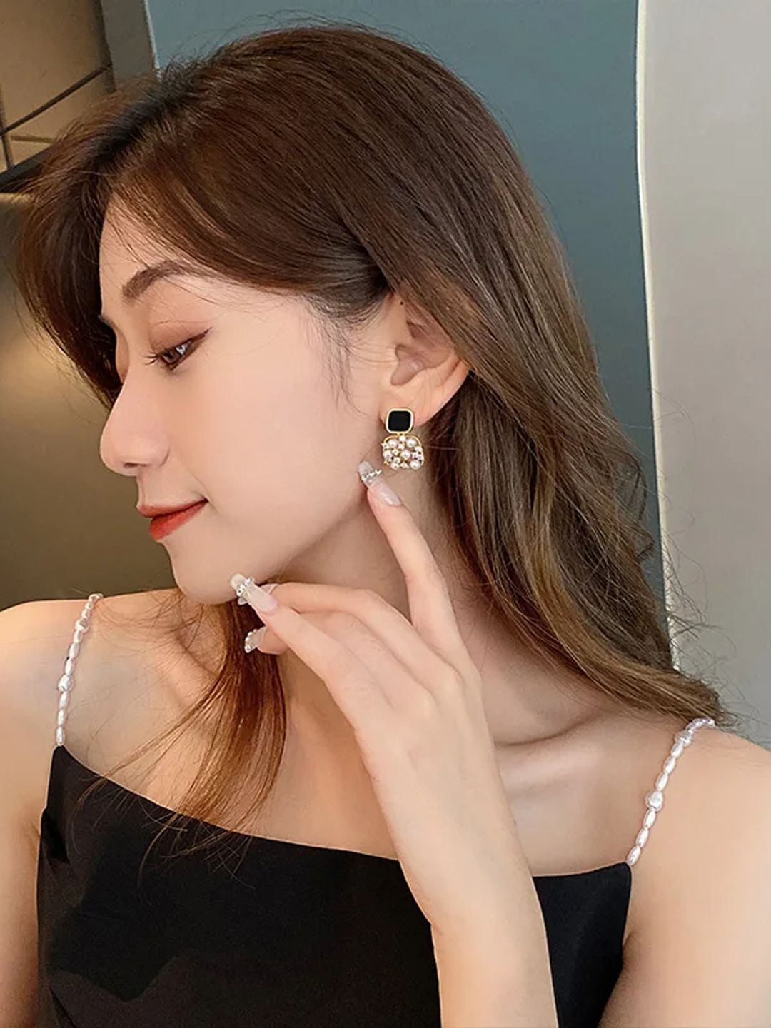 

BEYTER Stainless Steel Zircon StuddedContemporary Shaped Drop Earrings, Gold