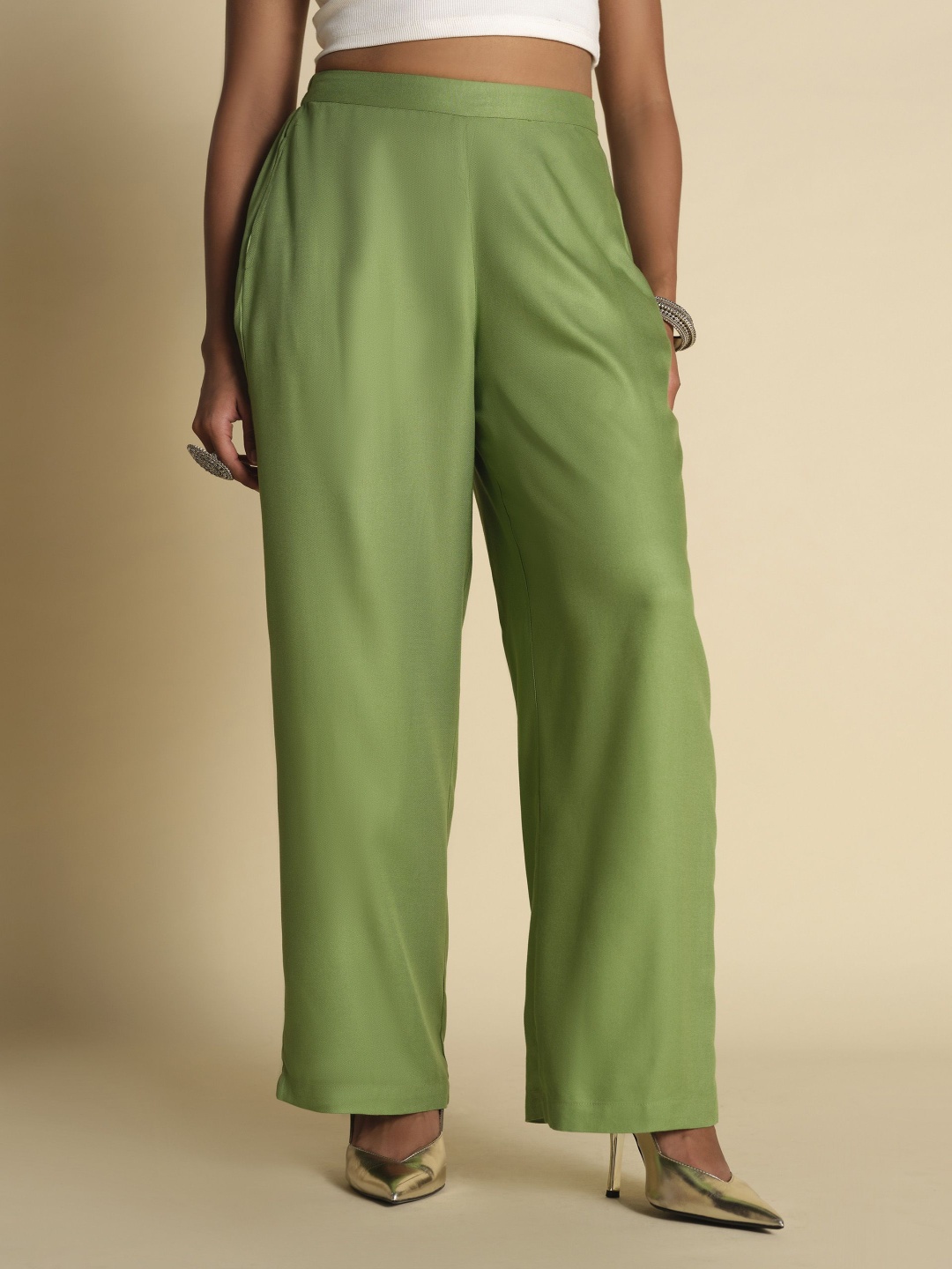 

Global Desi Women Pleated Trousers, Green
