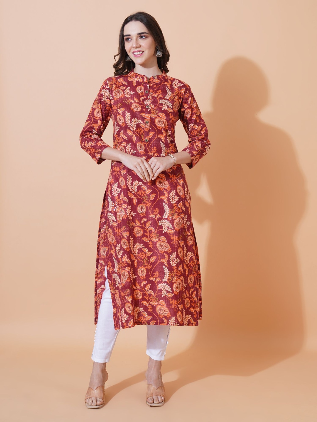 

FebQ Floral Printed Mandarin Collar Thread Work Pure Cotton Kurta, Orange