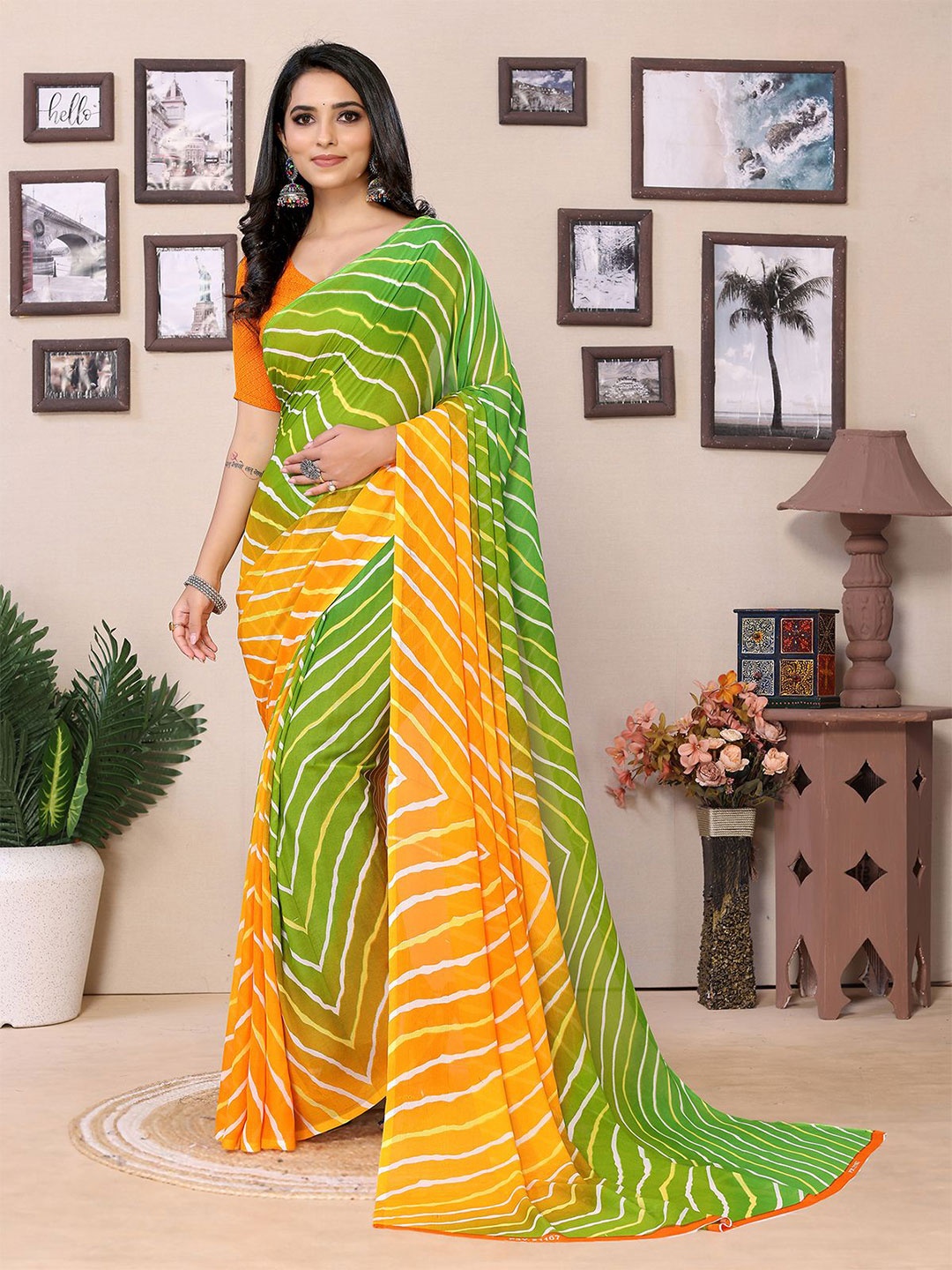 

Moda Rapido Striped Saree With Blouse Piece, Green