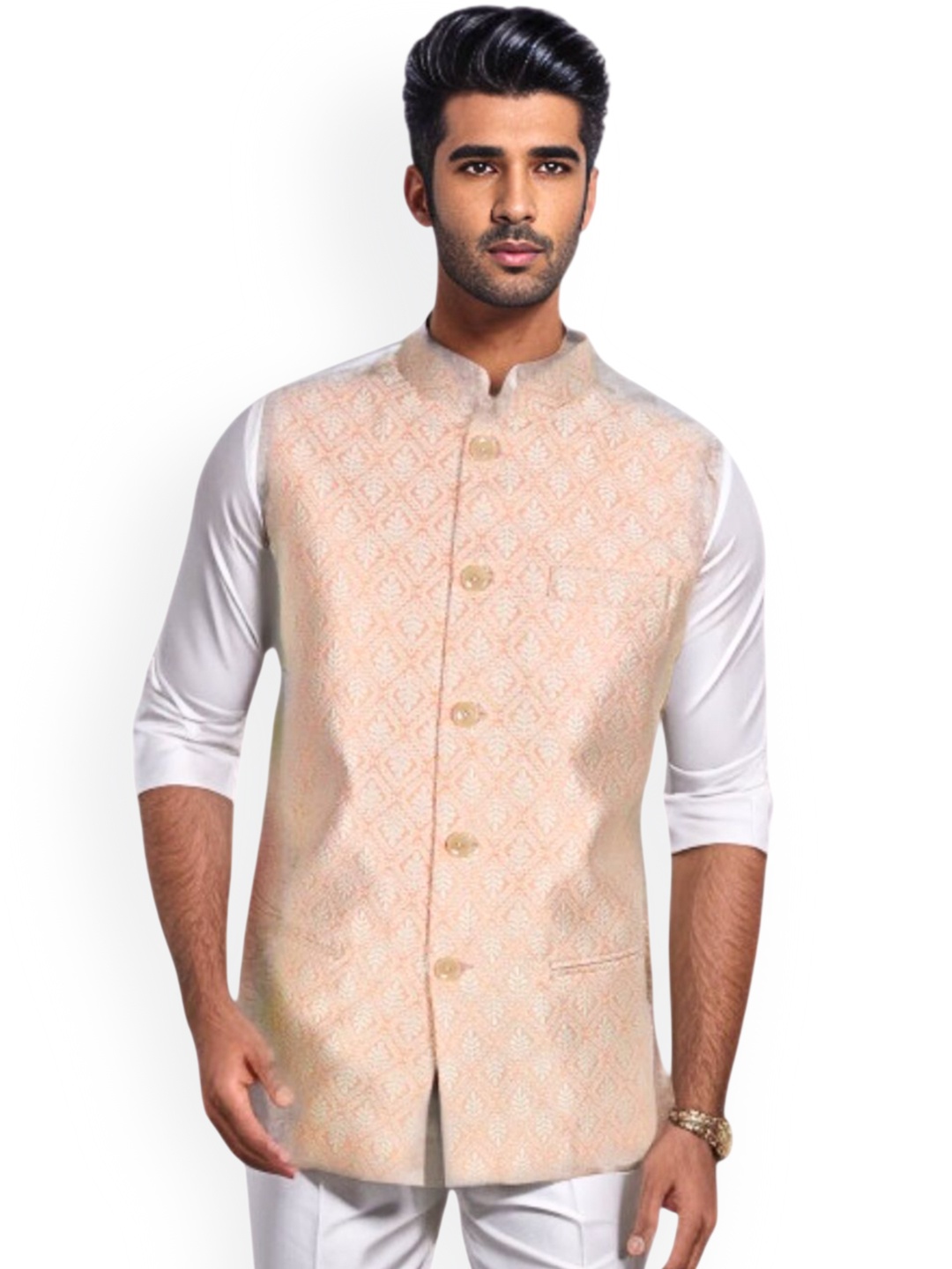 

Blacksmith Woven Design Nehru Jacket, Peach
