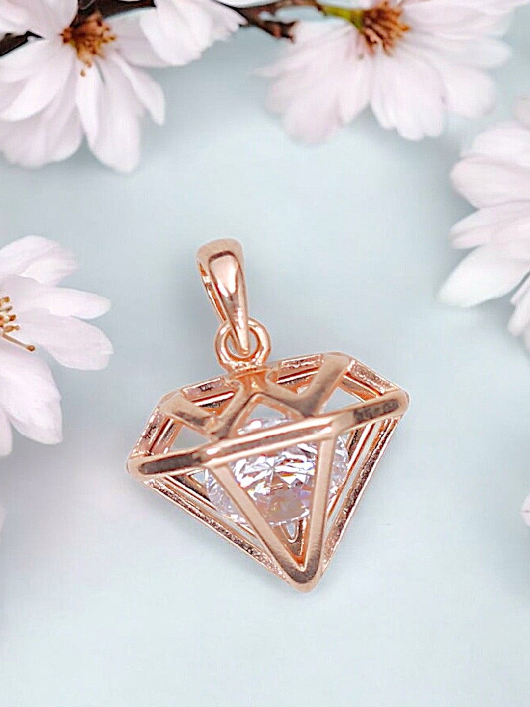 

Taraash 925 Sterling Silver Triangular Dimond Shaped Cubic Zirconia Pendant, Rose gold