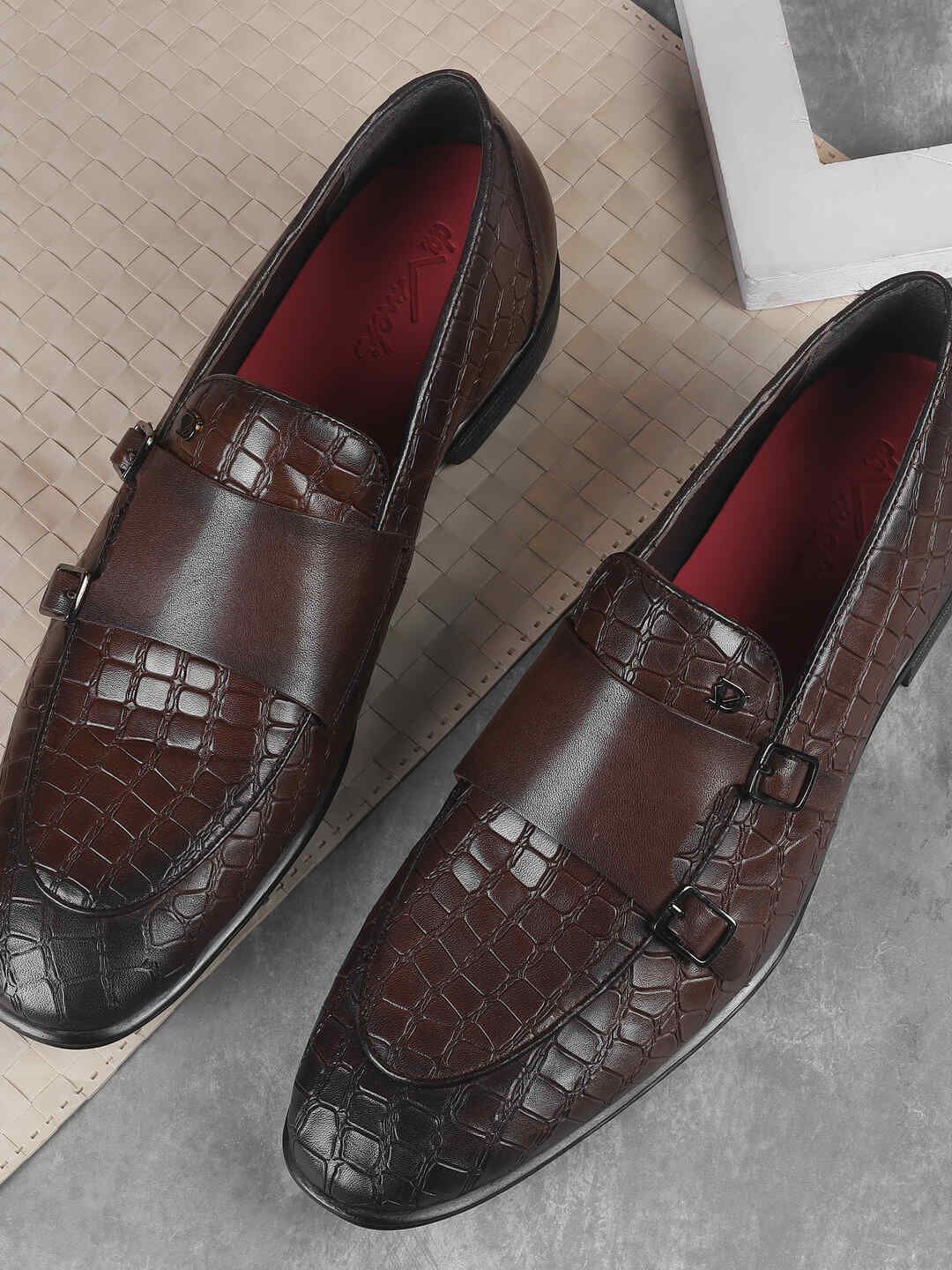 

DAVINCHI Men Textured Leather Formal Monk Shoes, Brown