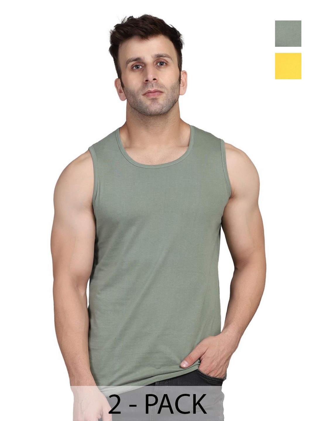 

WOOSTRO Men Pack Of 2 Solid Round Neck Cotton Slim Fit T-shirts, Green