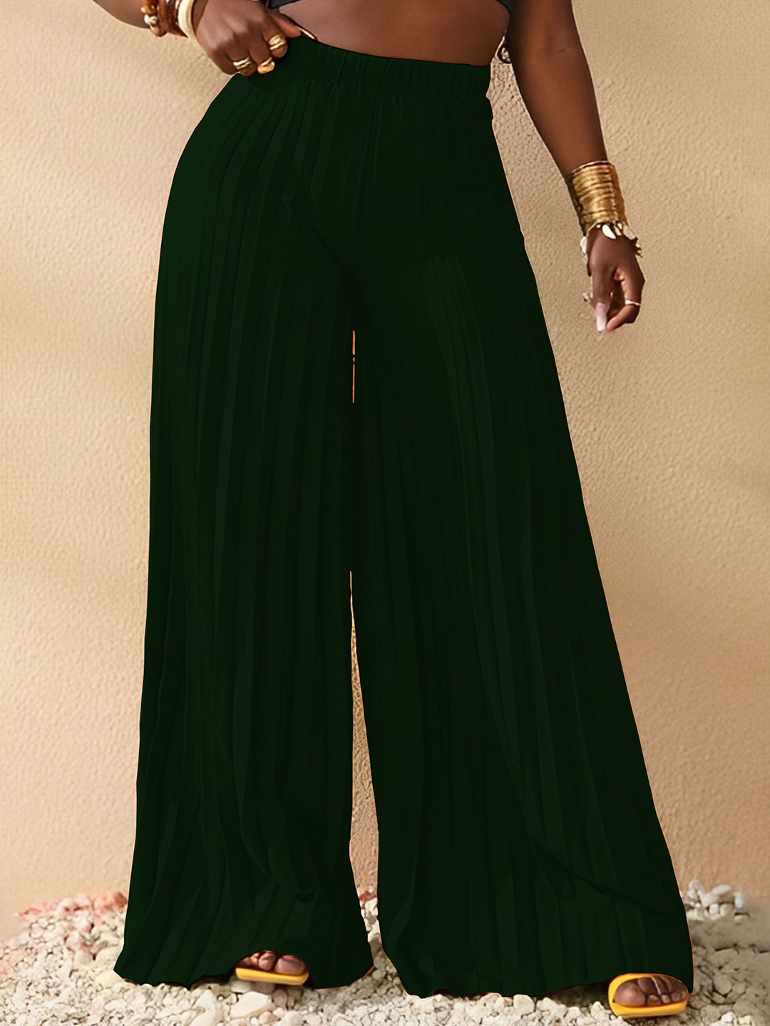 

kintu parantu Women Pleated Wide Leg Palazzos, Green