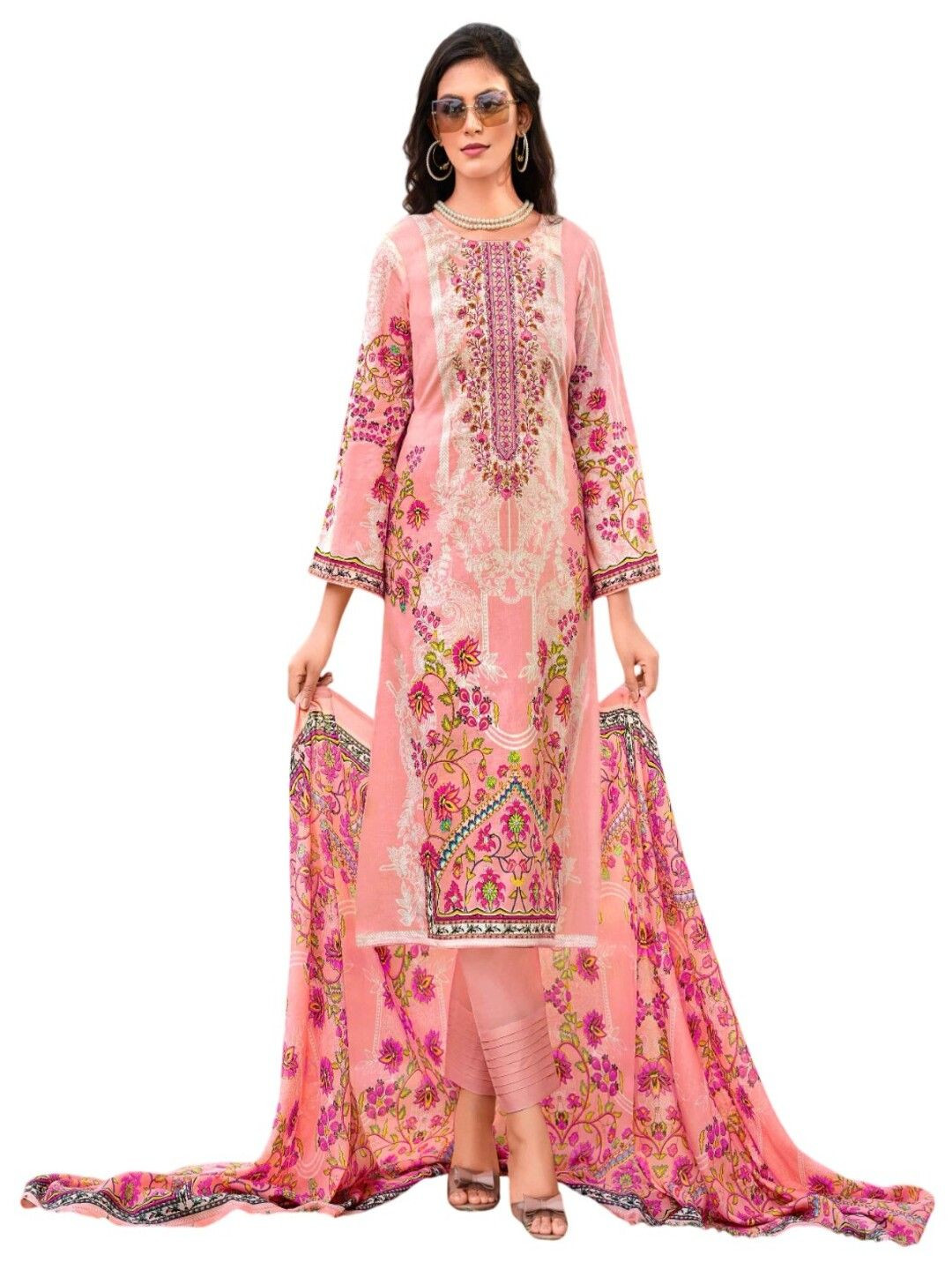 

DRAVINAM Trends Floral Printed Pure Cotton Unstitched Dress Material, Pink