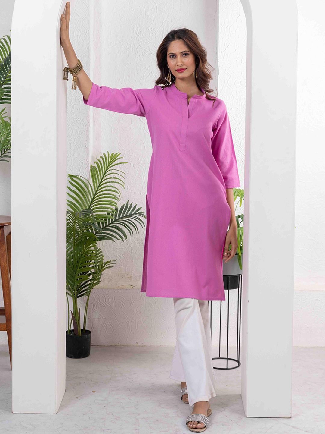 

INAAYA JAIPUR Mandarin Collar Pure Cotton Straight Kurti, Pink