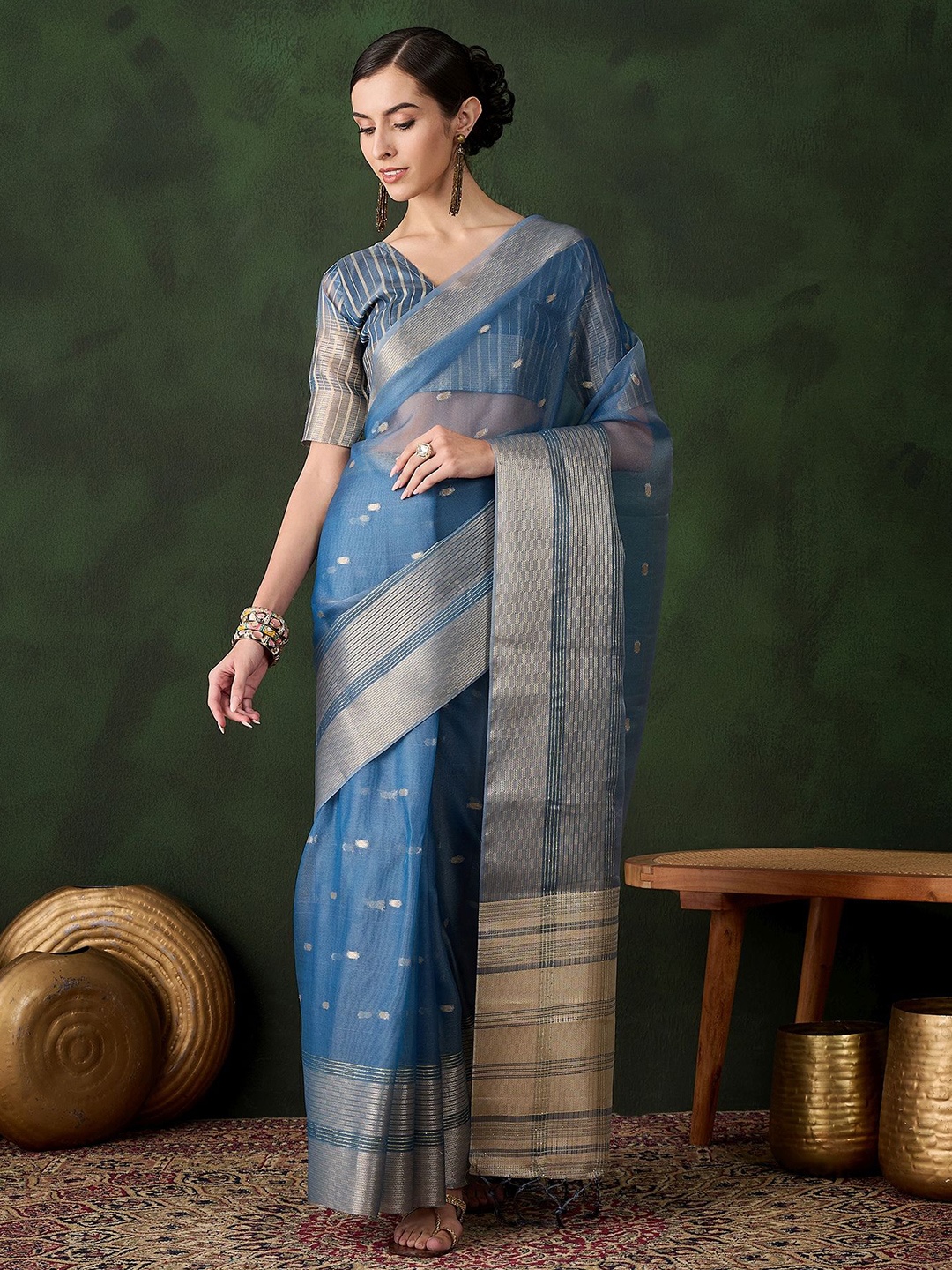 

Mitera Woven Design Zari Organza Kanjeevaram Saree, Teal