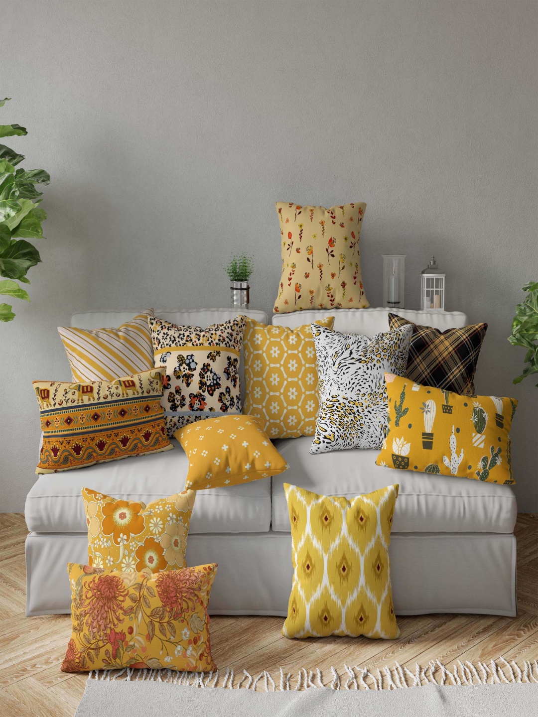 

Vargottam Yellow Set of 5 Geometric Square Cushion Covers