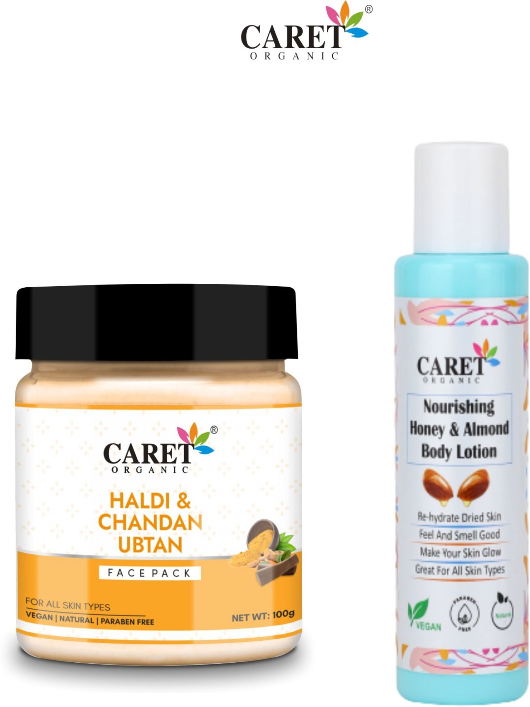 

CARET ORGANIC Set Of 2 Haldi & Chandan Ubtan Face Pack- 100 g & Almond Body Lotion- 100 ml, White