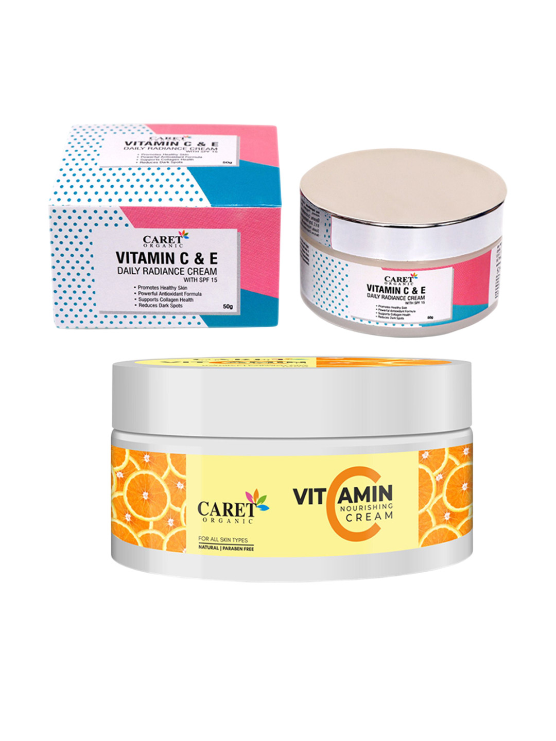 

CARET ORGANIC Set Of 2 Vitamin C & E Cream - 50 g & Vitamin C Nourishing Cream - 100 g, White