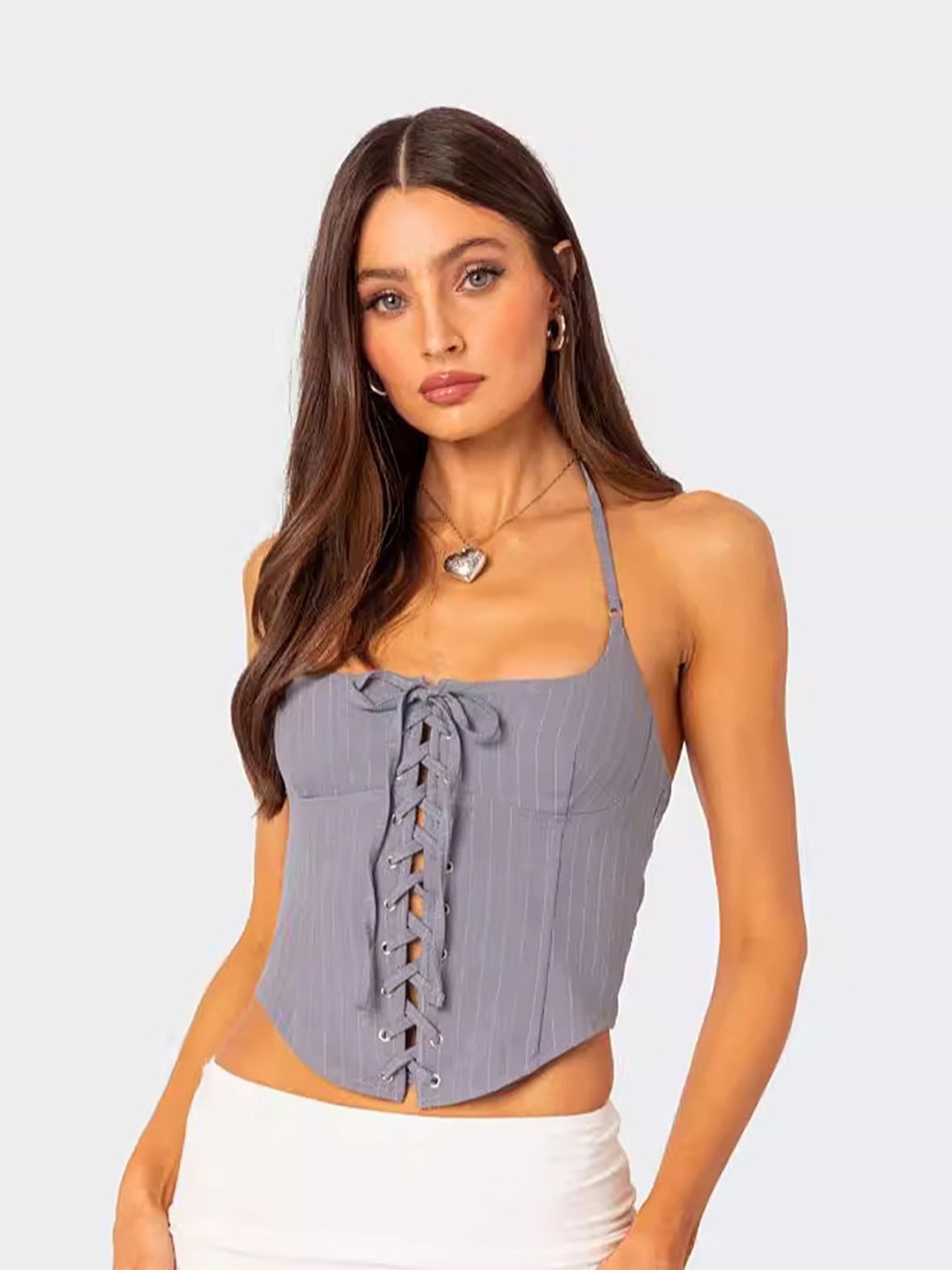 

LULU & SKY Cotton Stripe Pattern Lace-up Front Crop Top, Grey