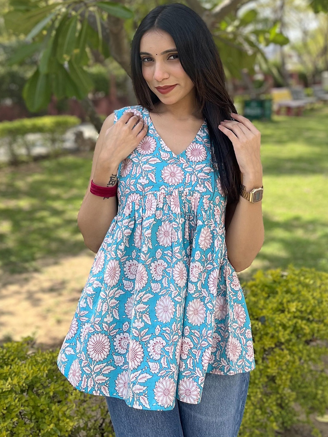 

JONAYA Women Floral Printed Cotton Peplum Top, Blue