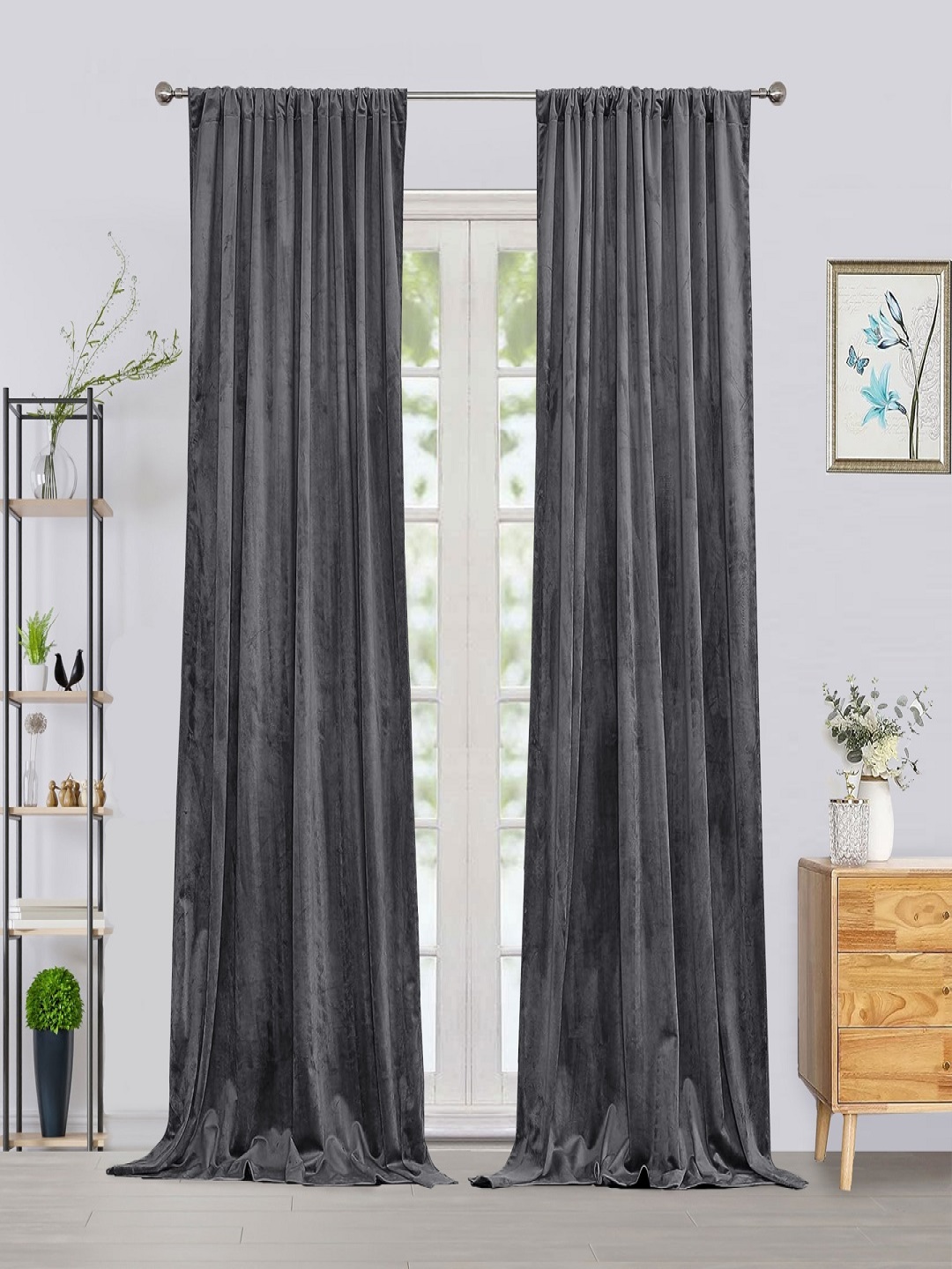 

HOMEMONDE Grey 2 Pieces Velvet Room Darkening Window Curtains