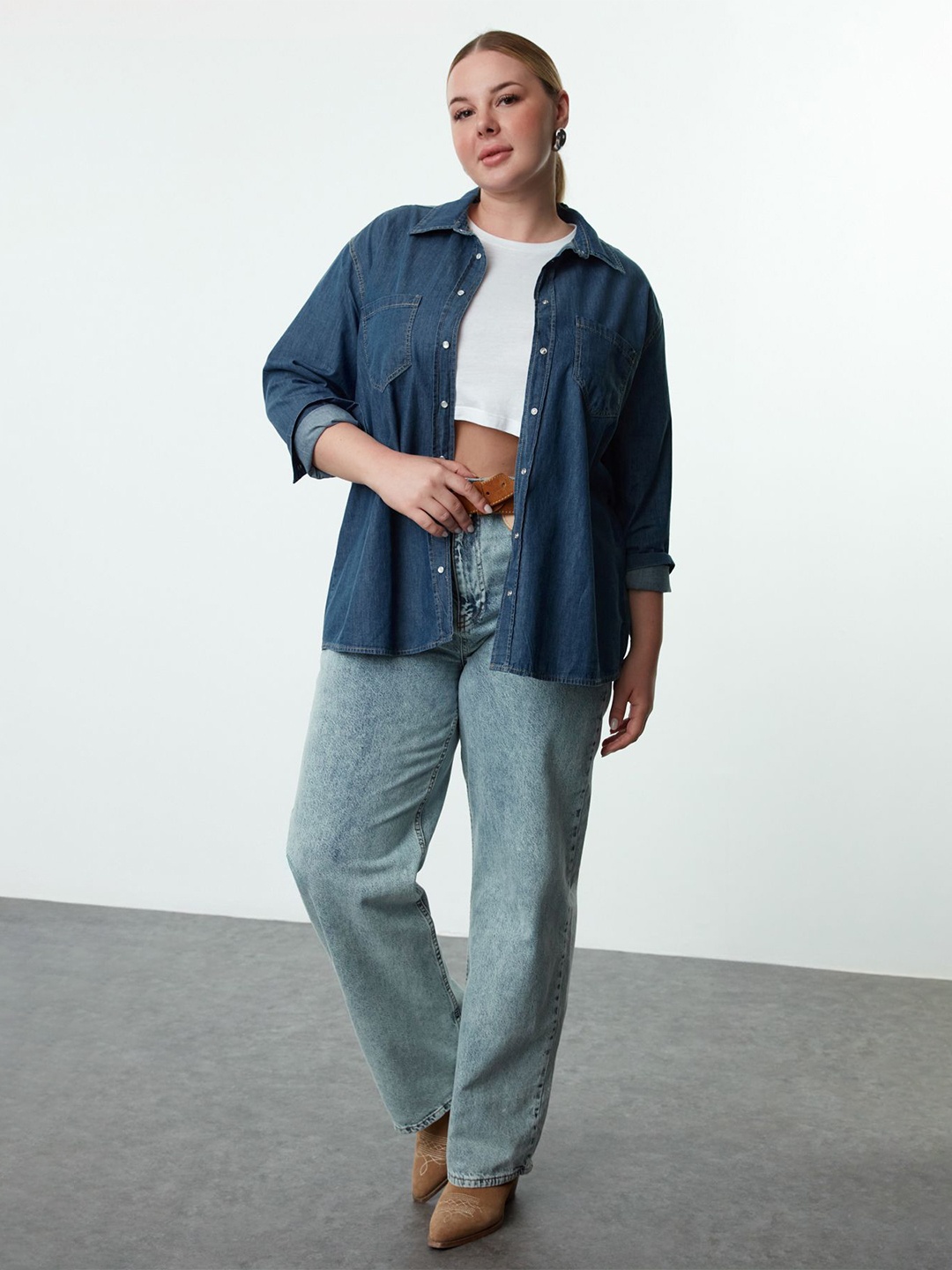 

Trendyol Women Oversized Fit Spread Collar Solid Cotton Casual Shirt, Blue