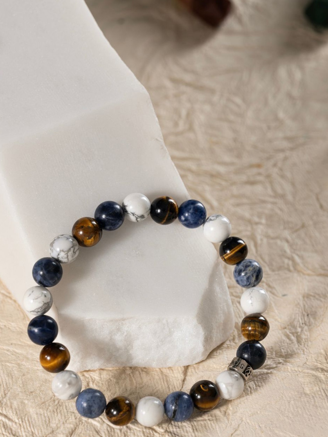 

Stone Story By Shruti Men 925 Sterling Silver Rhodium-Plated Tigers Eye Bracelet