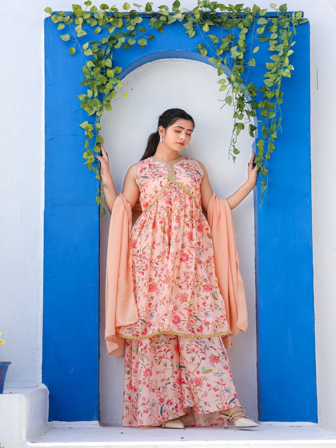 

Sashay Boutique Floral Printed V-Neck A-Line Kurta With Sharara And Dupatta, Peach