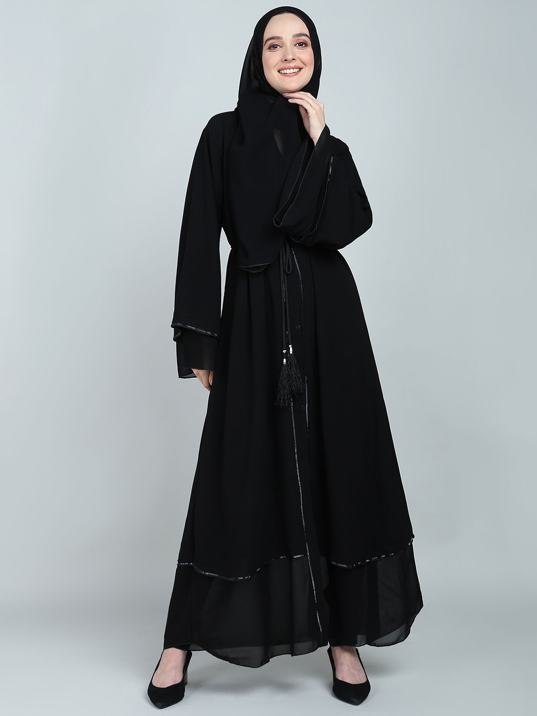 

BROKE BRAND Women Solid Front-Open Double-Layer With Lace Detailing Abaya Burqa, Black